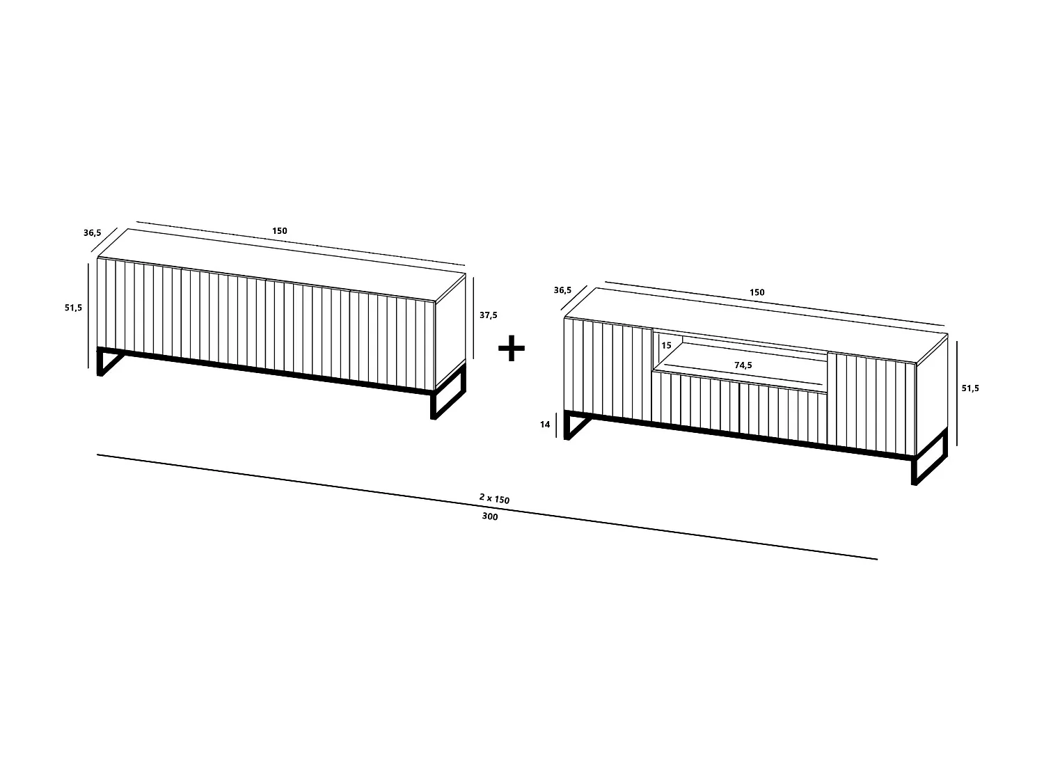 Meuble TV avec 7 portes et niche - corps Cachemire mat, façades cannelées Cachemire mat - 300 cm, Cadre en métal noir