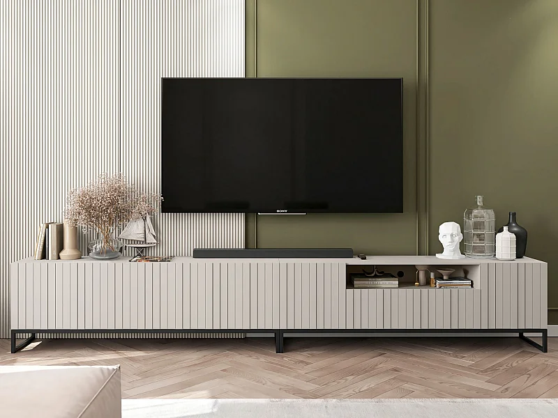 Meuble TV avec 7 portes et niche - corps Cachemire mat, façades cannelées Cachemire mat - 300 cm, Cadre en métal noir