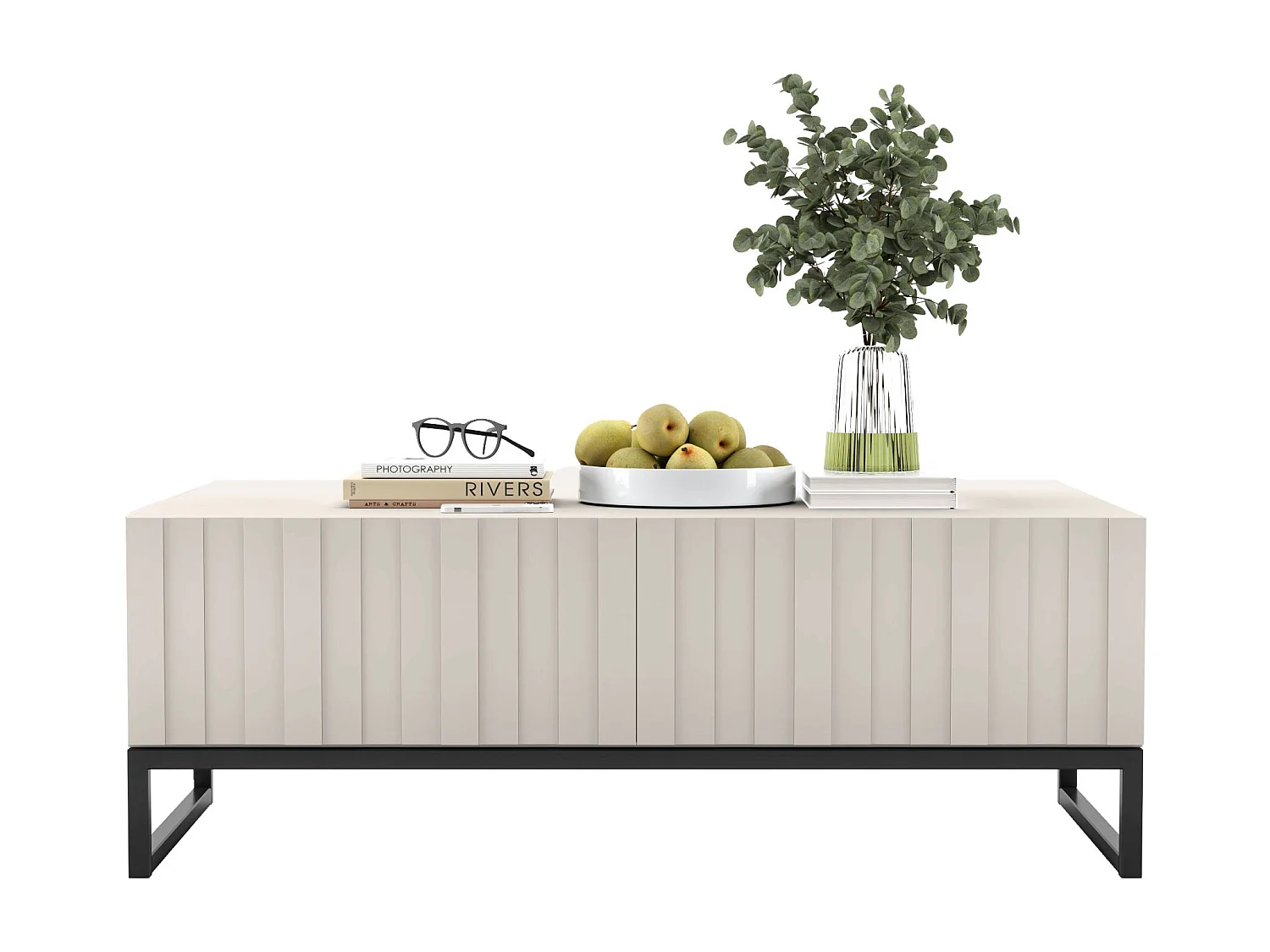 Table basse avec 2 portes - Corps Cachemire mat, façades rainurées Cachemire mat - 110 cm, Cadre en métal noir