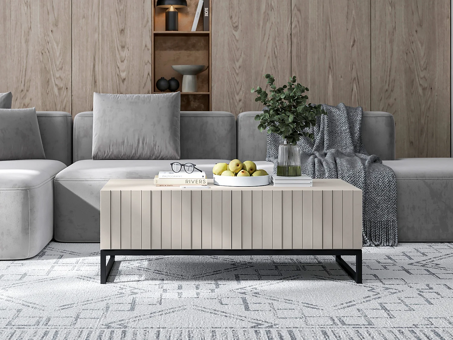 Table basse avec 2 portes - Corps Cachemire mat, façades rainurées Cachemire mat - 110 cm, Cadre en métal noir