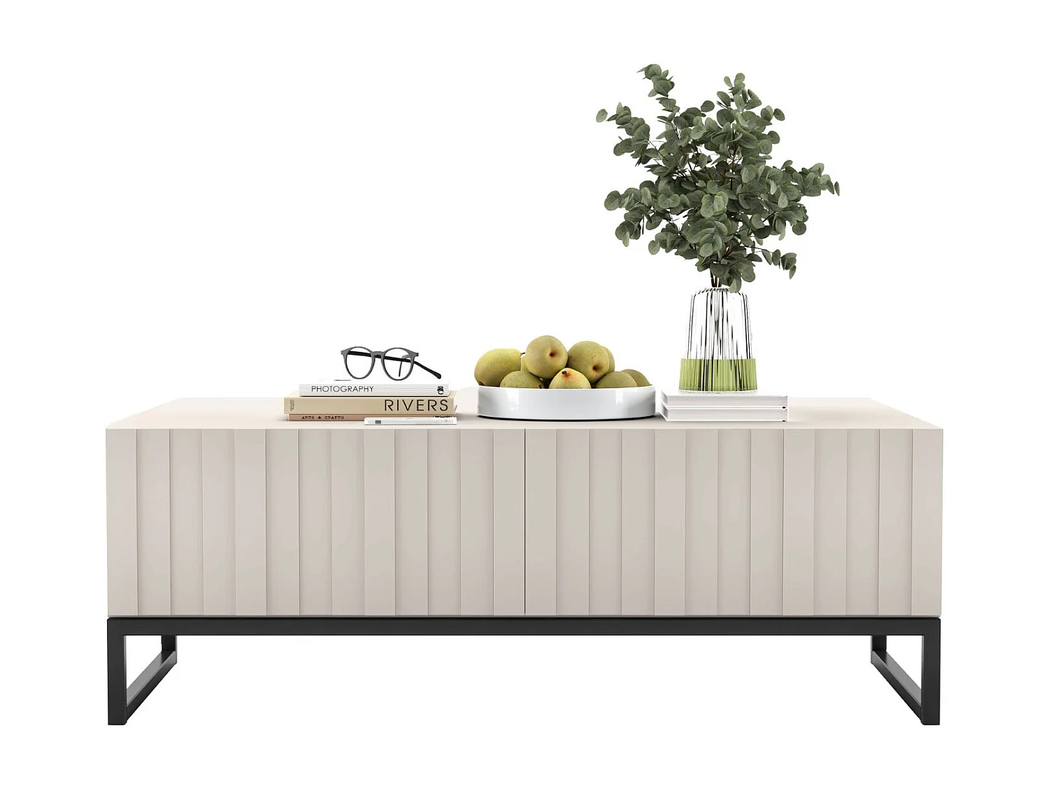 Couchtisch mit 2 Türen - Korpus Kaschmir matt, geriffelte Fronten Kaschmir matt - 110 cm, schwarzer Metallrahmen