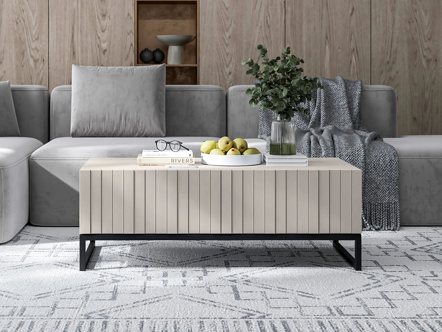 Couchtisch mit 2 Türen - Korpus Kaschmir matt, geriffelte Fronten Kaschmir matt - 110 cm, schwarzer Metallrahmen