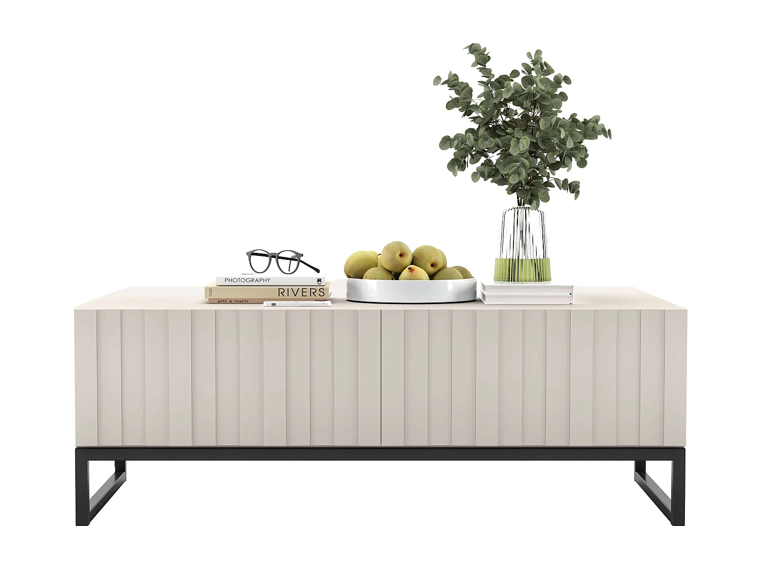 Couchtisch mit 2 Türen - Korpus Kaschmir matt, geriffelte Fronten Kaschmir matt - 110 cm, schwarzer Metallrahmen