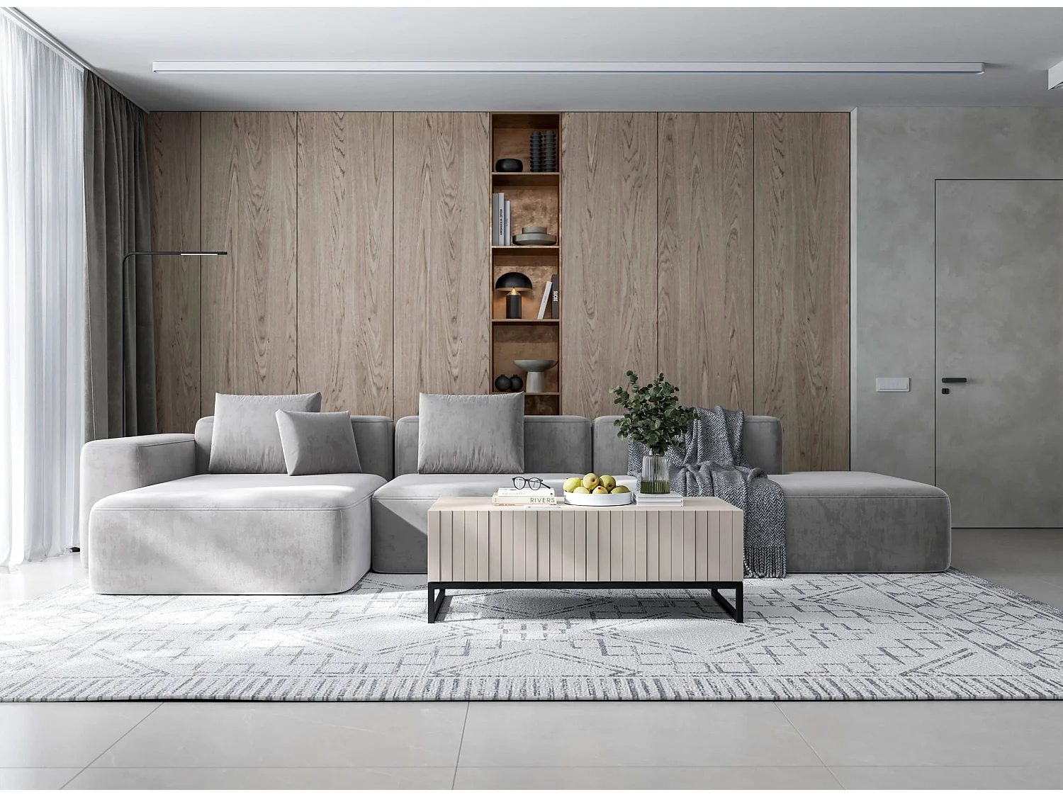 Couchtisch mit 2 Türen - Korpus Kaschmir matt, geriffelte Fronten Kaschmir matt - 110 cm, schwarzer Metallrahmen