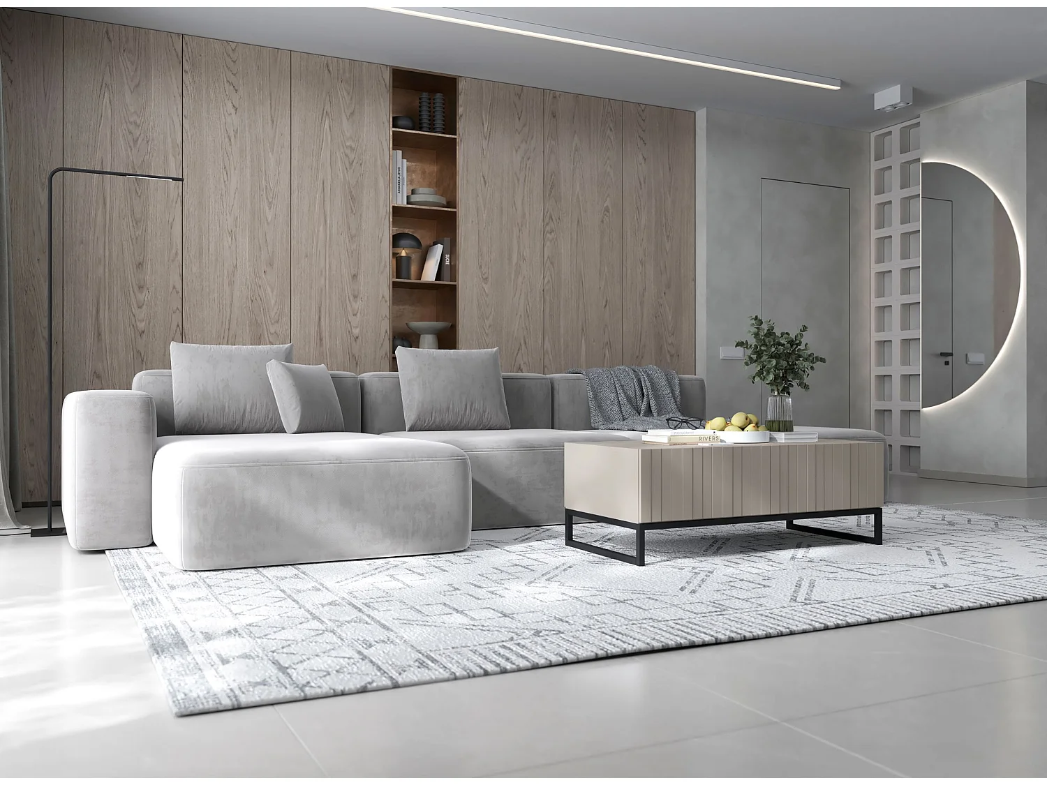 Couchtisch mit 2 Türen - Korpus Kaschmir matt, geriffelte Fronten Kaschmir matt - 110 cm, schwarzer Metallrahmen