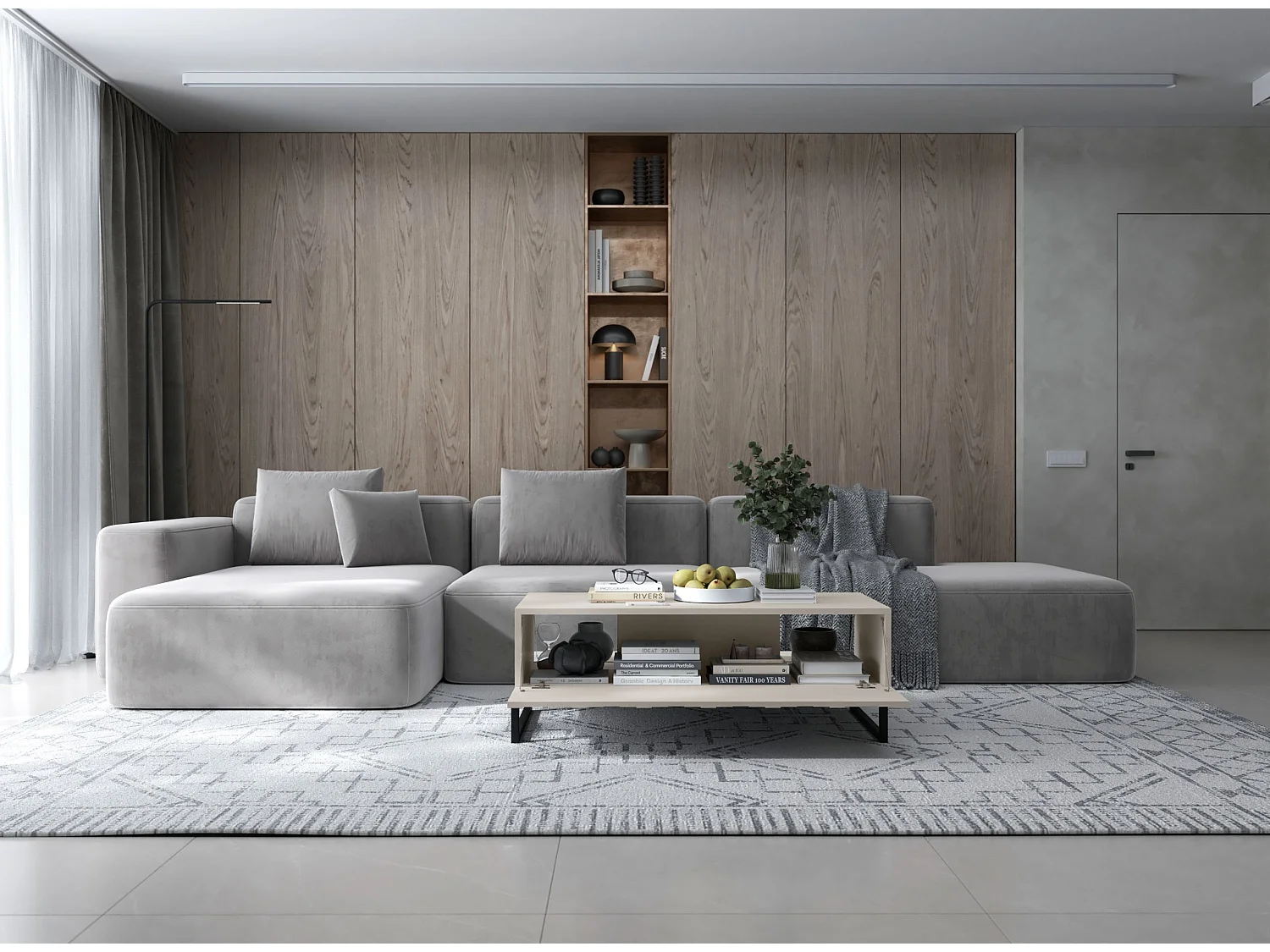 Couchtisch mit 2 Türen - Korpus Kaschmir matt, geriffelte Fronten Kaschmir matt - 110 cm, schwarzer Metallrahmen