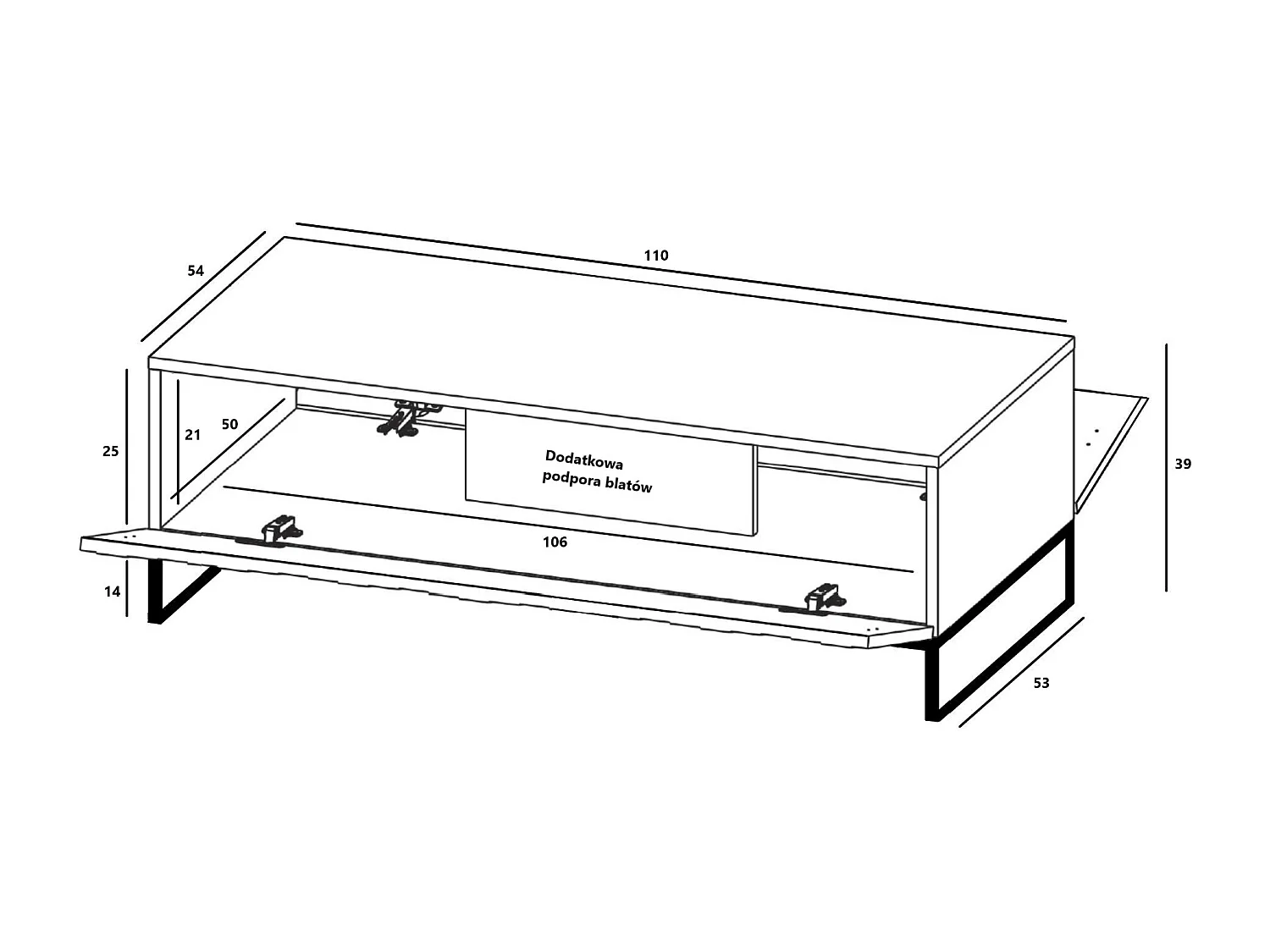 Couchtisch mit 2 Türen - Korpus Kaschmir matt, geriffelte Fronten Kaschmir matt - 110 cm, schwarzer Metallrahmen