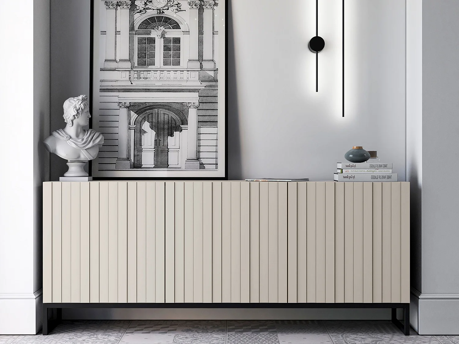 Commode avec 3 portes - Corps Cachemire mat, façades rainurées Cachemire mat - 168 cm, Cadre en métal noir