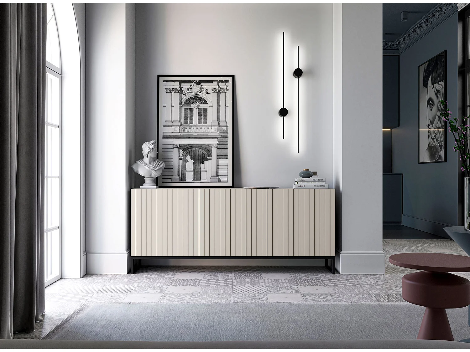 Commode avec 3 portes - Corps Cachemire mat, façades rainurées Cachemire mat - 168 cm, Cadre en métal noir
