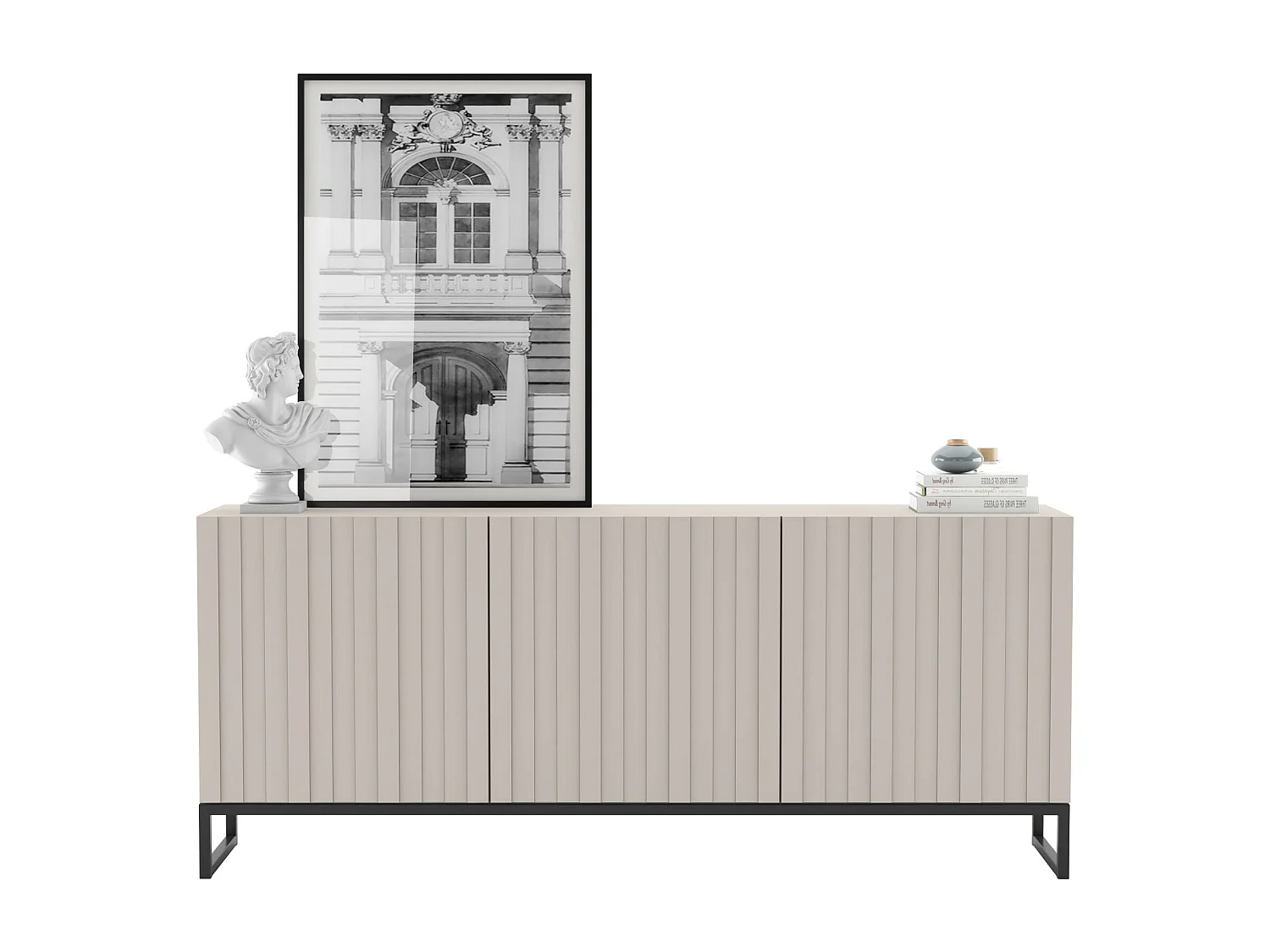 Commode avec 3 portes - Corps Cachemire mat, façades rainurées Cachemire mat - 168 cm, Cadre en métal noir