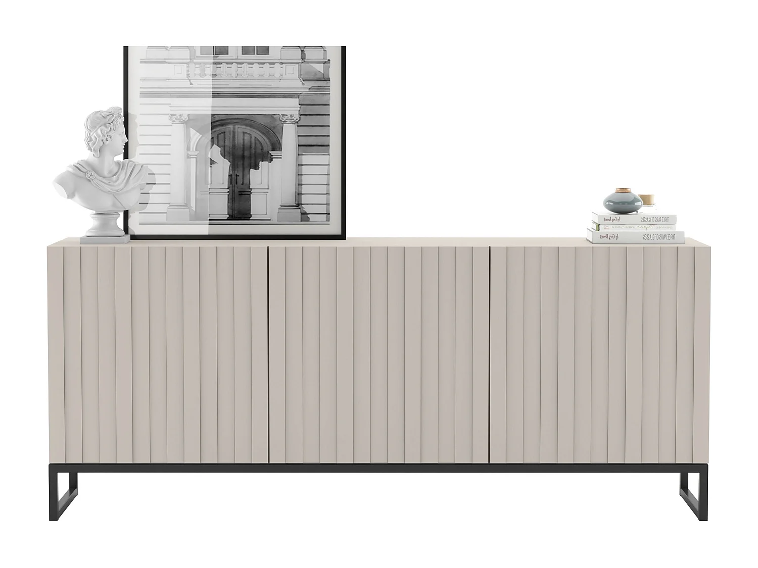 Commode avec 3 portes - Corps Cachemire mat, façades rainurées Cachemire mat - 168 cm, Cadre en métal noir