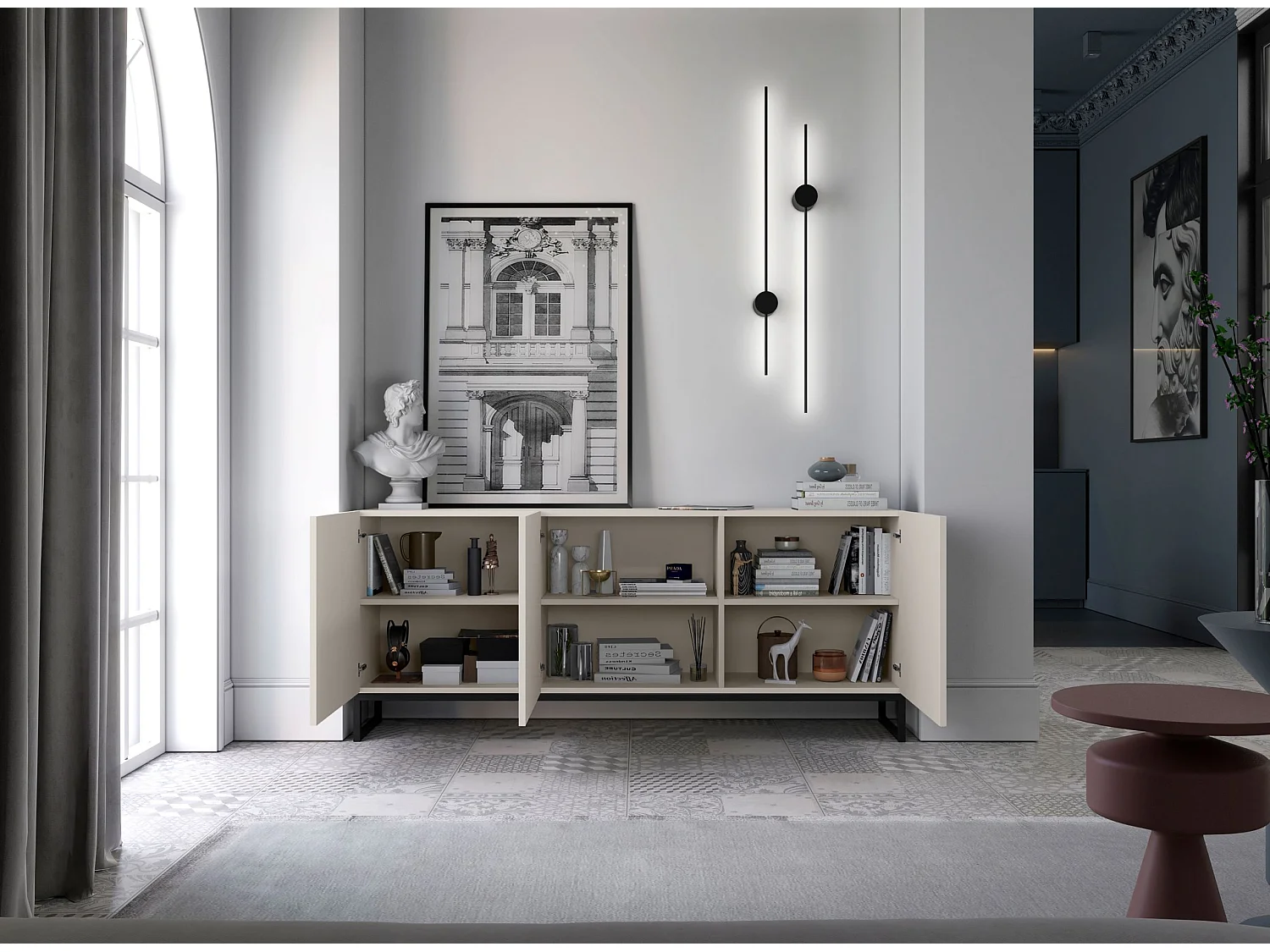 Commode avec 3 portes - Corps Cachemire mat, façades rainurées Cachemire mat - 168 cm, Cadre en métal noir