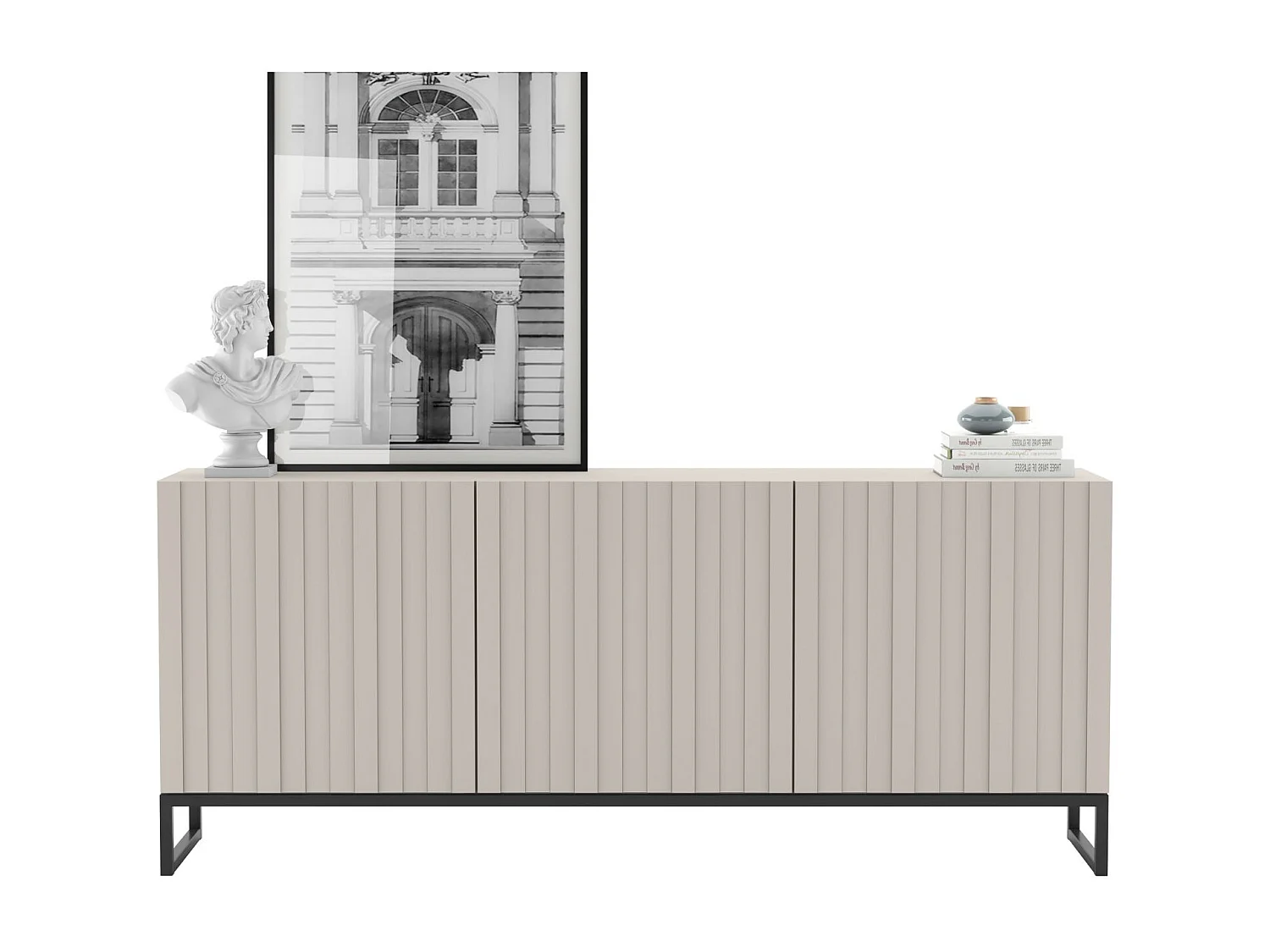 Commode met 3 deuren - Corpus kasjmier mat, geribbelde fronten kasjmier mat - 168 cm, zwart metalen frame