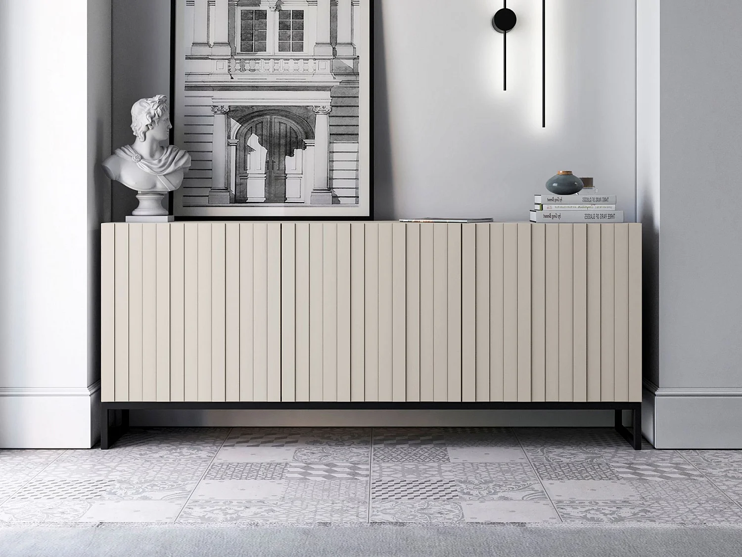 Commode met 3 deuren - Corpus kasjmier mat, geribbelde fronten kasjmier mat - 168 cm, zwart metalen frame