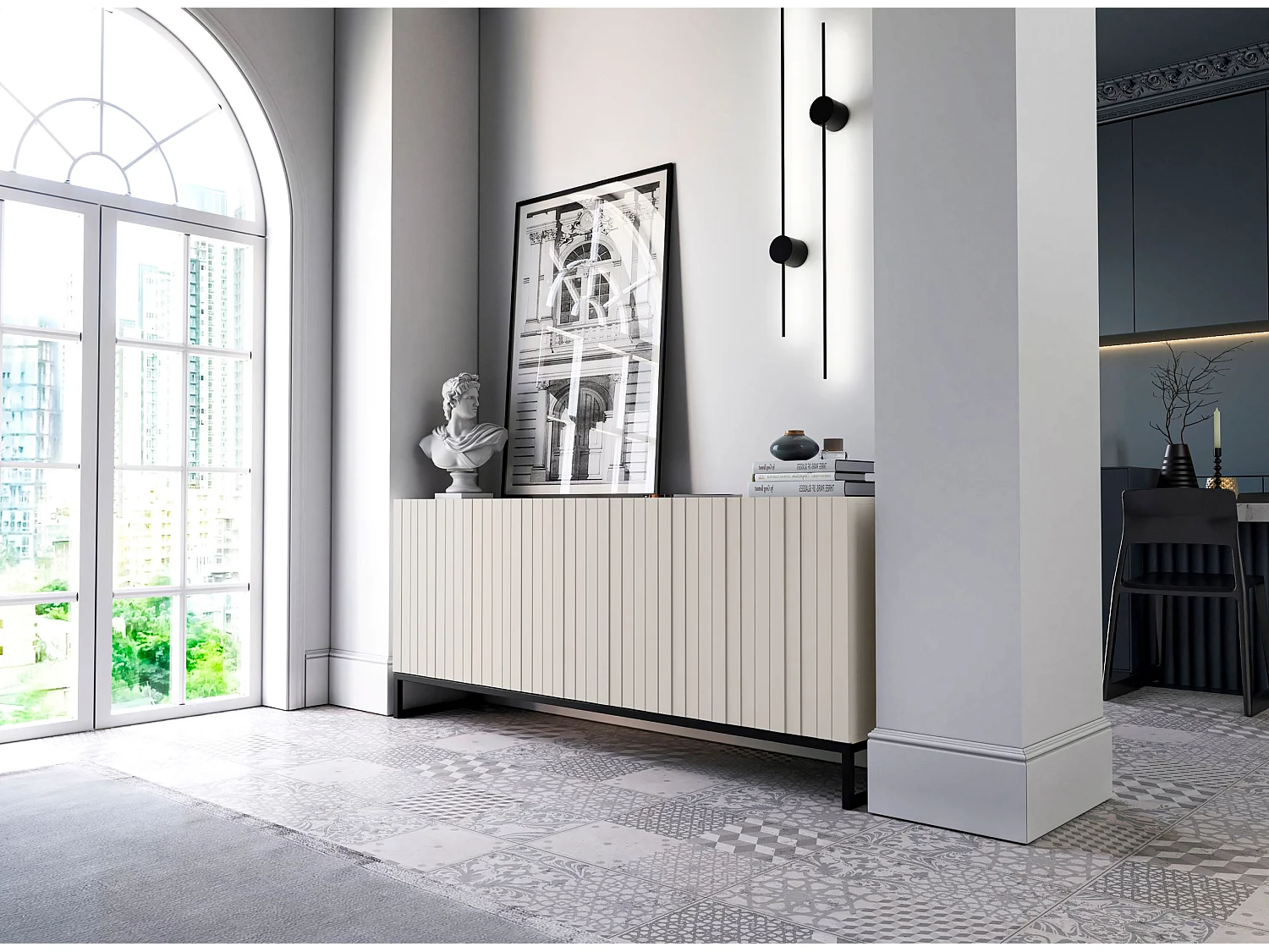 Commode met 3 deuren - Corpus kasjmier mat, geribbelde fronten kasjmier mat - 168 cm, zwart metalen frame