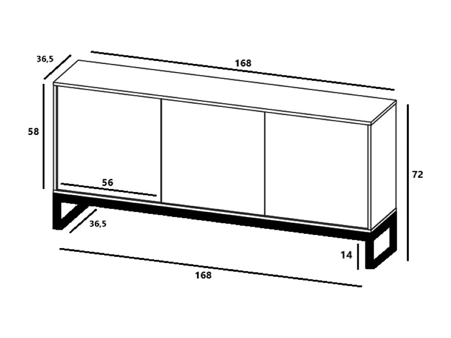 Commode met 3 deuren - Corpus kasjmier mat, geribbelde fronten kasjmier mat - 168 cm, zwart metalen frame