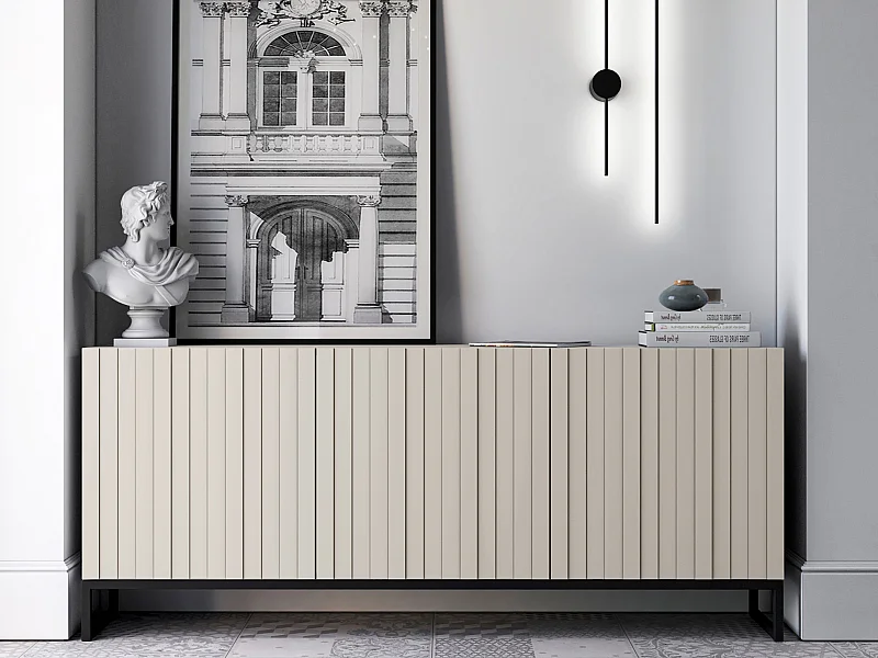 Commode avec 3 portes - Corps Cachemire mat, façades rainurées Cachemire mat - 168 cm, Cadre en métal noir