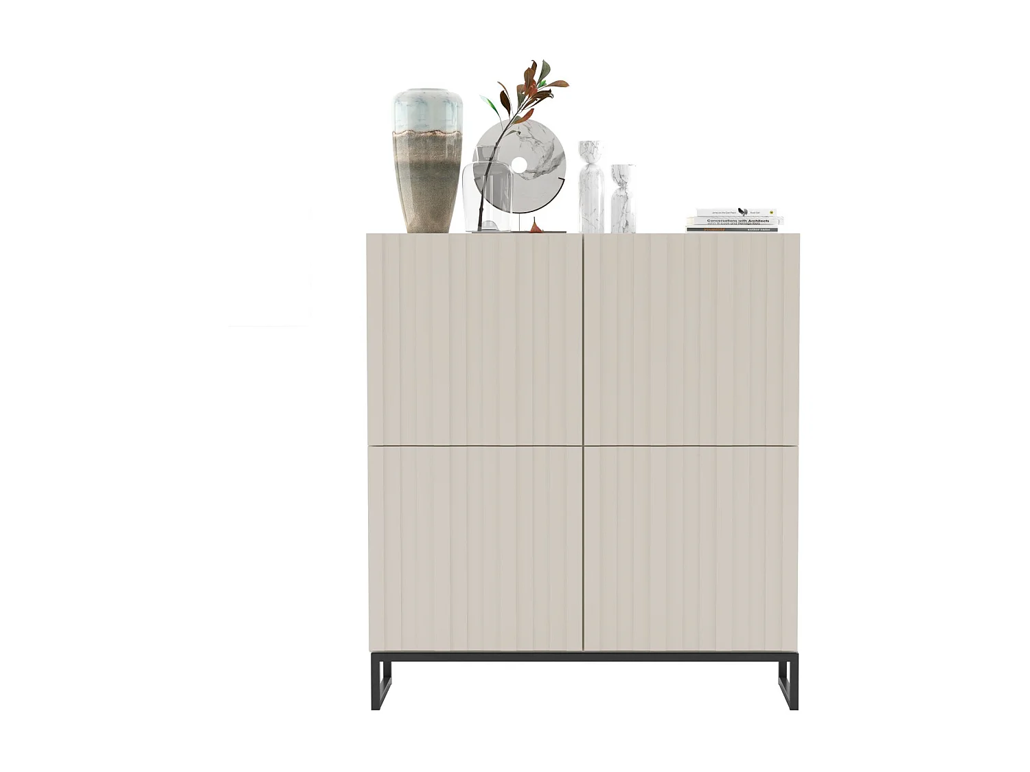 Commode avec 4 portes - Corps Cachemire mat, façades rainurées Cachemire mat - 112 cm, Cadre en métal noir