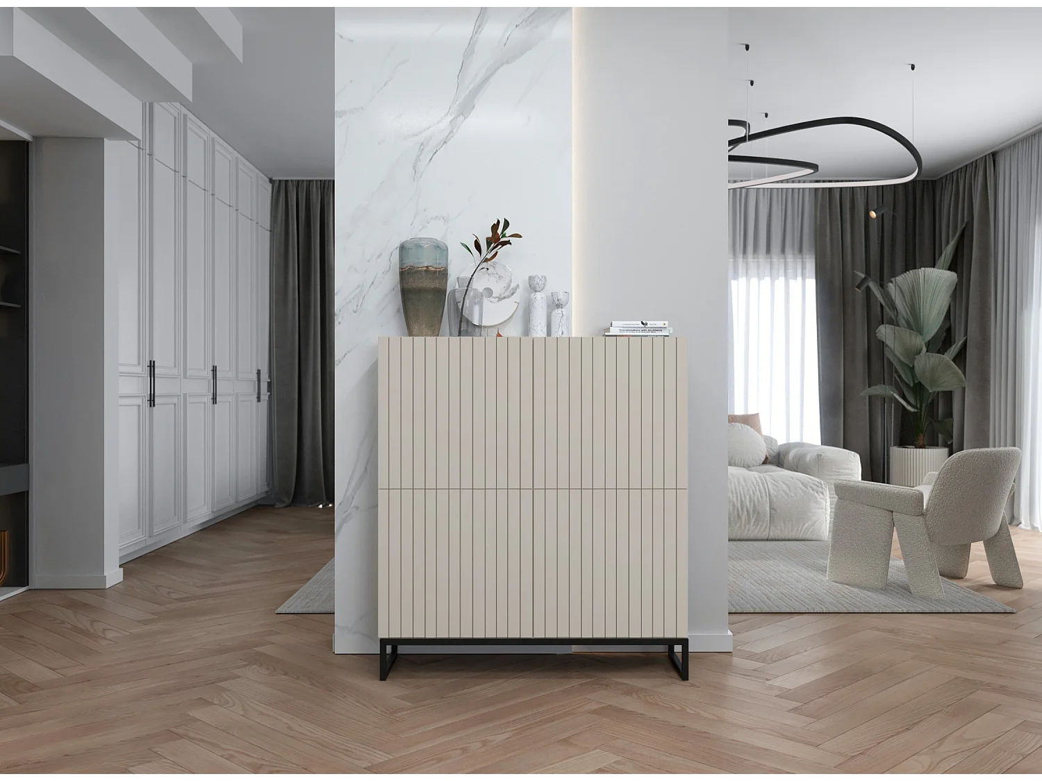 Commode avec 4 portes - Corps Cachemire mat, façades rainurées Cachemire mat - 112 cm, Cadre en métal noir