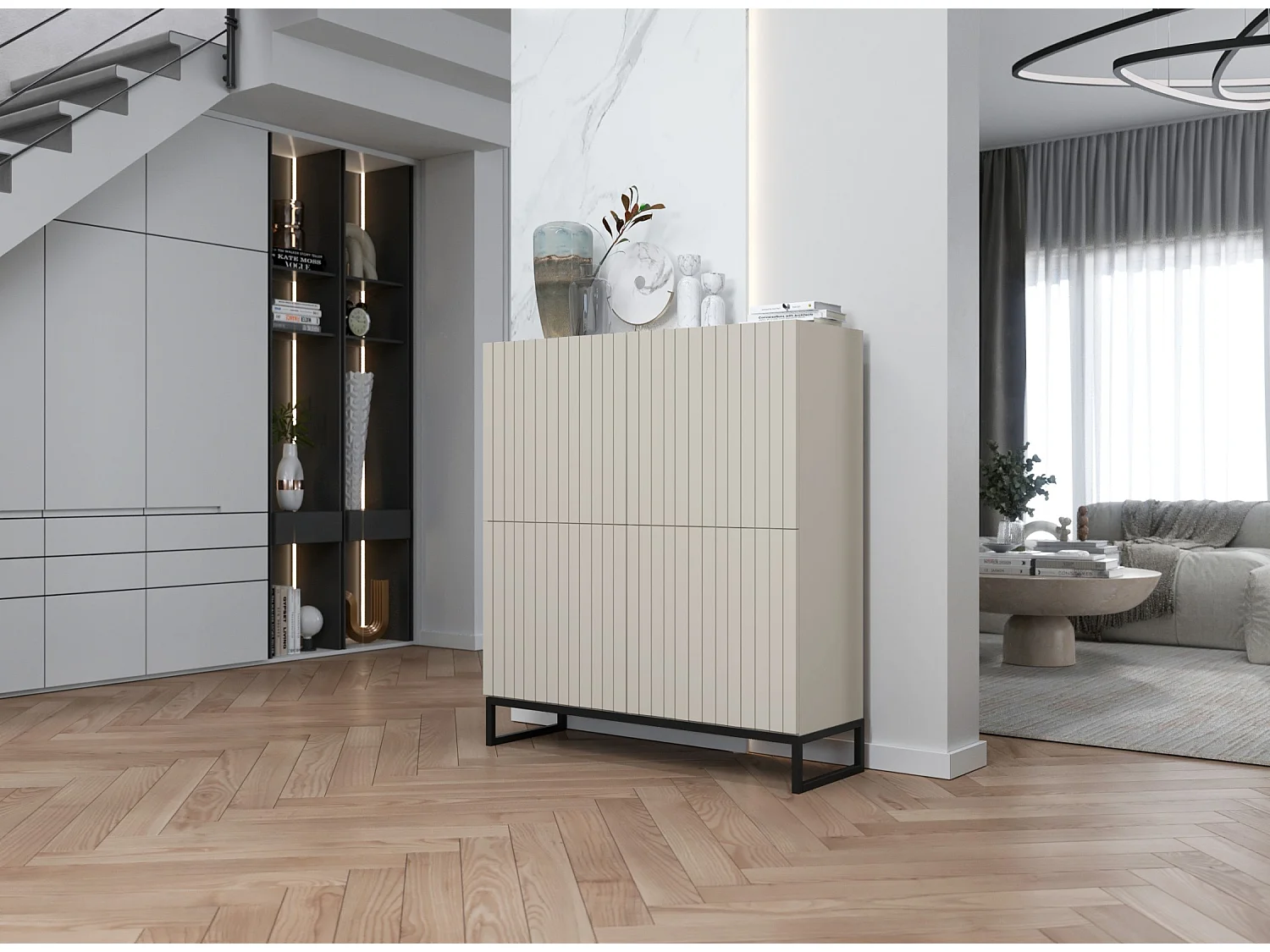 Commode avec 4 portes - Corps Cachemire mat, façades rainurées Cachemire mat - 112 cm, Cadre en métal noir