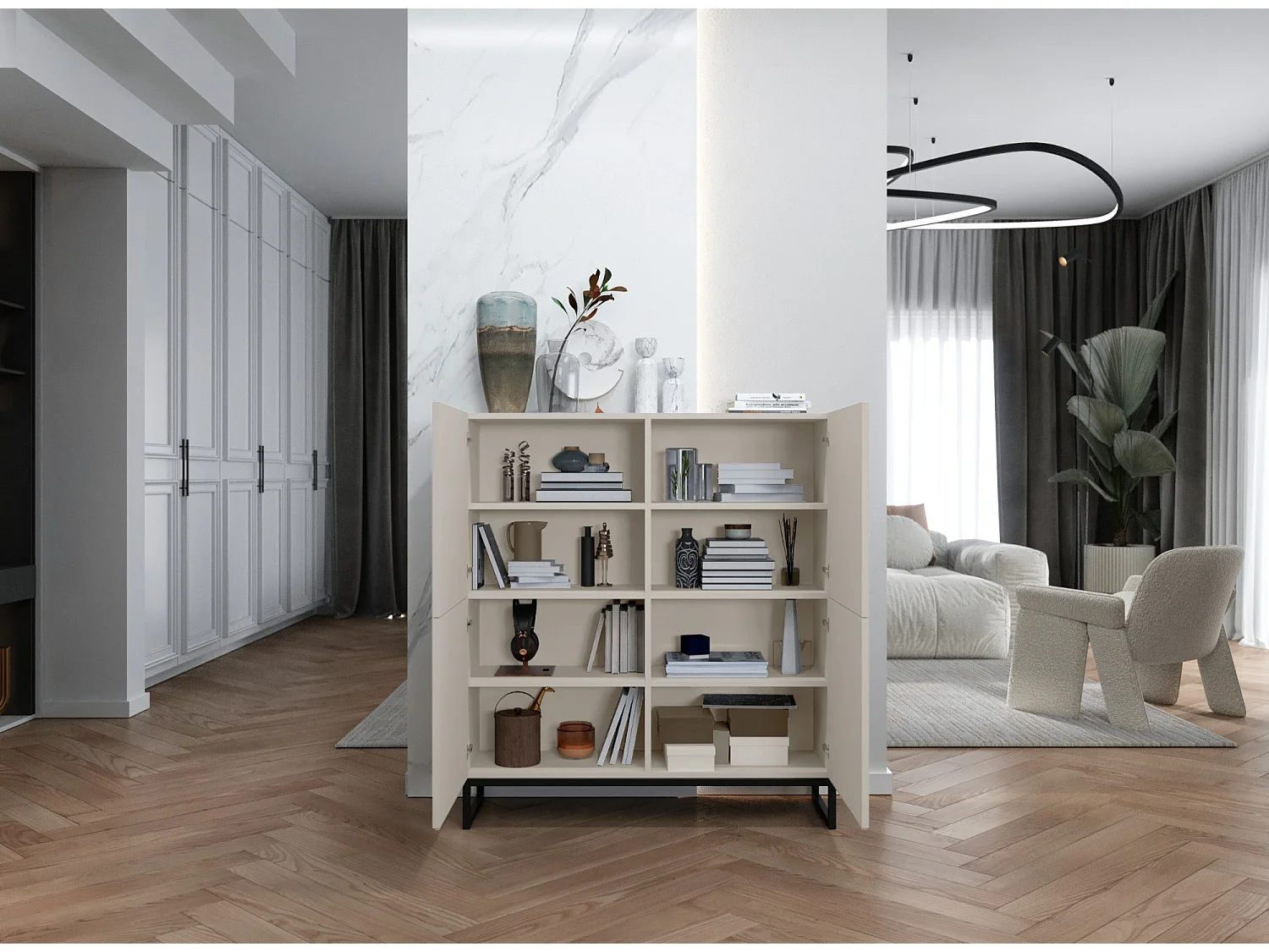 Commode avec 4 portes - Corps Cachemire mat, façades rainurées Cachemire mat - 112 cm, Cadre en métal noir