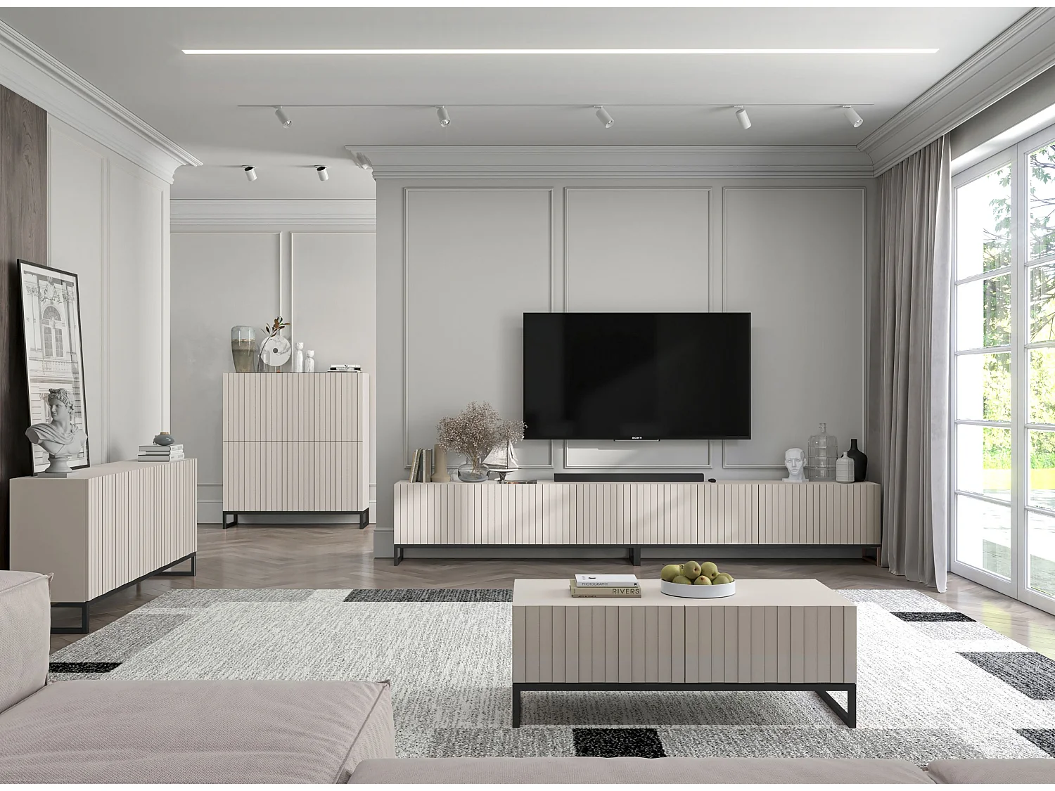 Commode avec 4 portes - Corps Cachemire mat, façades rainurées Cachemire mat - 112 cm, Cadre en métal noir