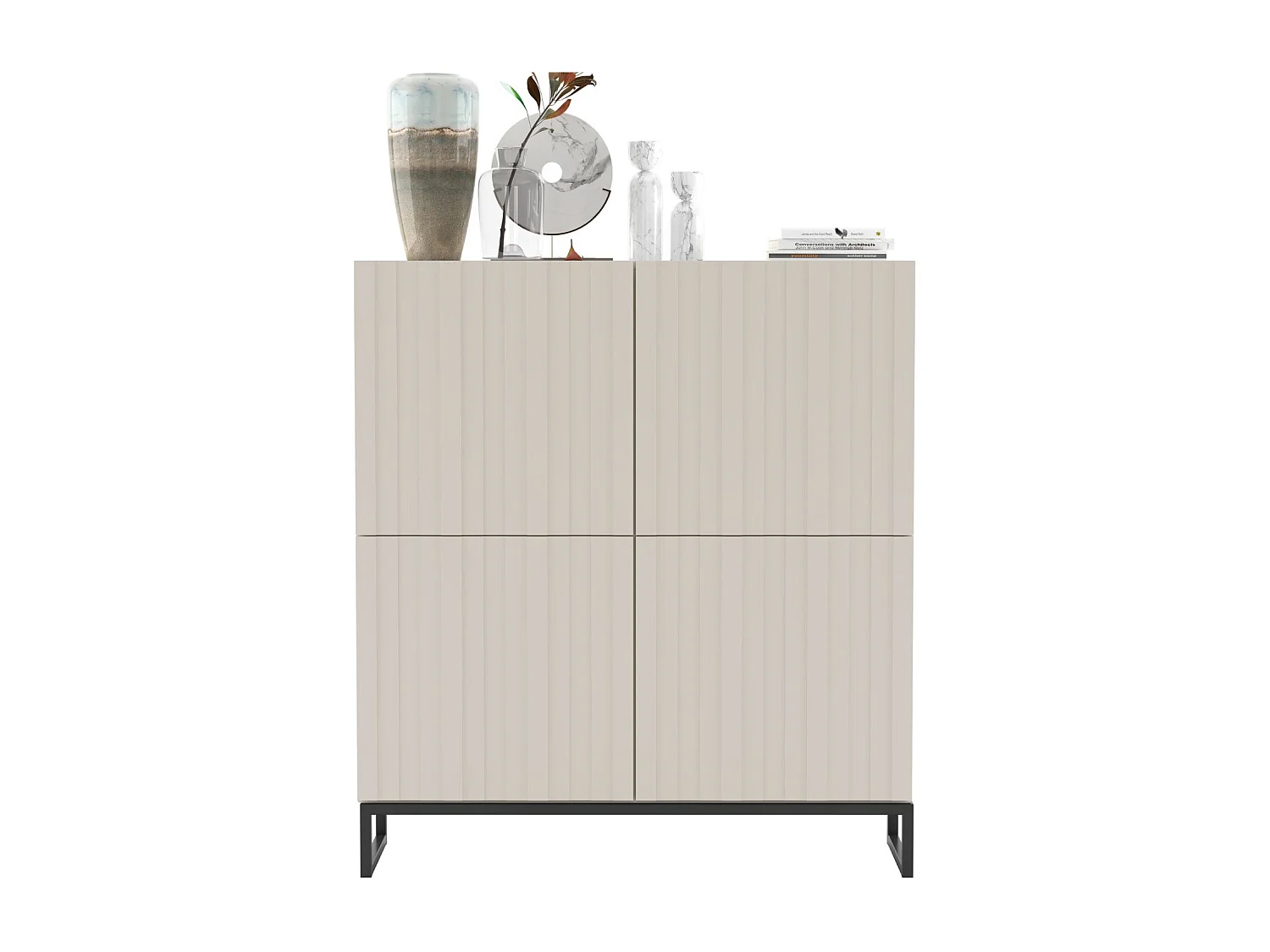 Commode met 4 deuren - Corpus kasjmier mat, geribbelde fronten kasjmier mat - 112 cm, zwart metalen frame