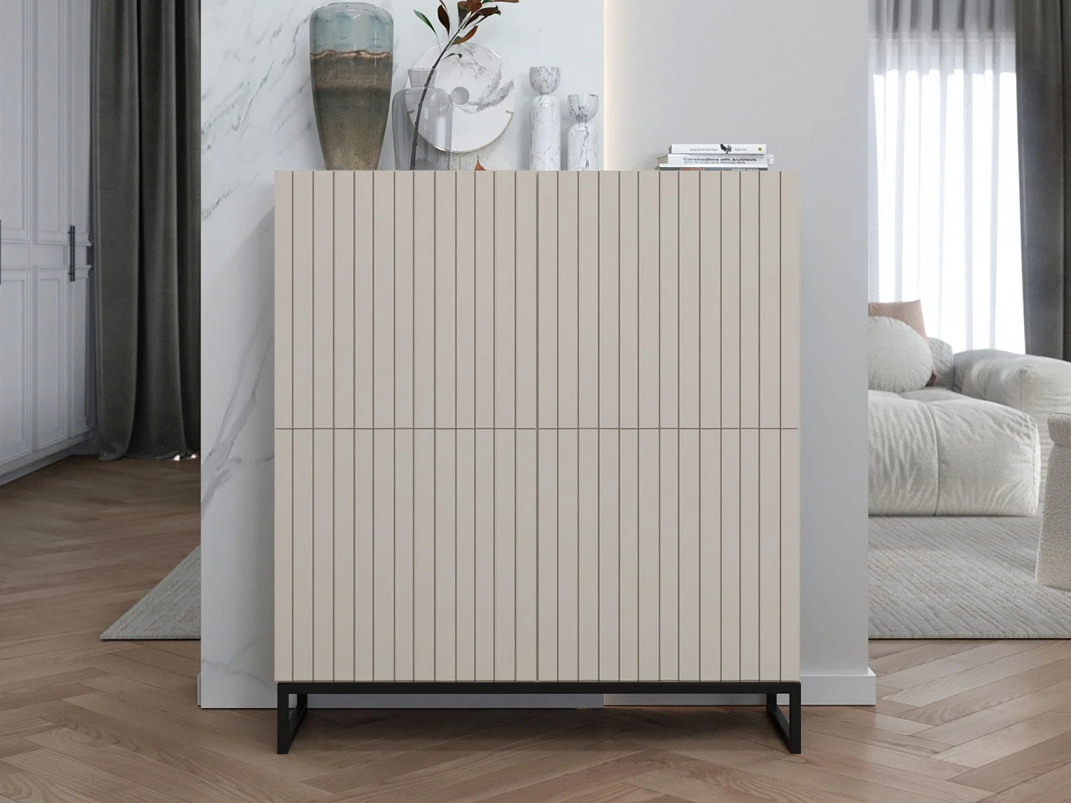 Commode met 4 deuren - Corpus kasjmier mat, geribbelde fronten kasjmier mat - 112 cm, zwart metalen frame