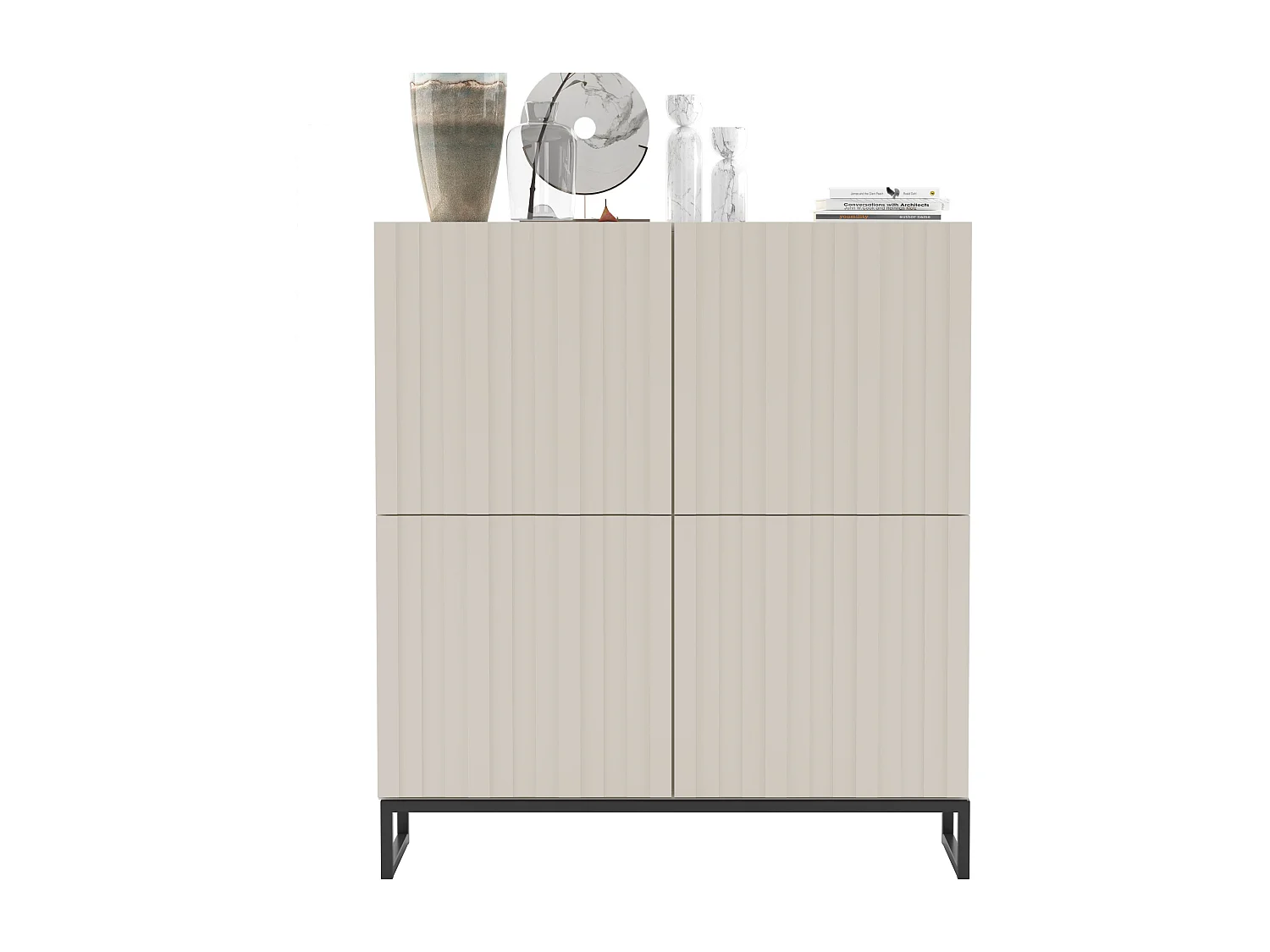Commode met 4 deuren - Corpus kasjmier mat, geribbelde fronten kasjmier mat - 112 cm, zwart metalen frame