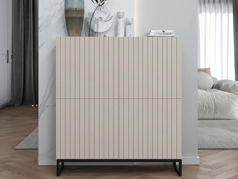 Commode avec 4 portes - Corps Cachemire mat, façades rainurées Cachemire mat - 112 cm, Cadre en métal noir