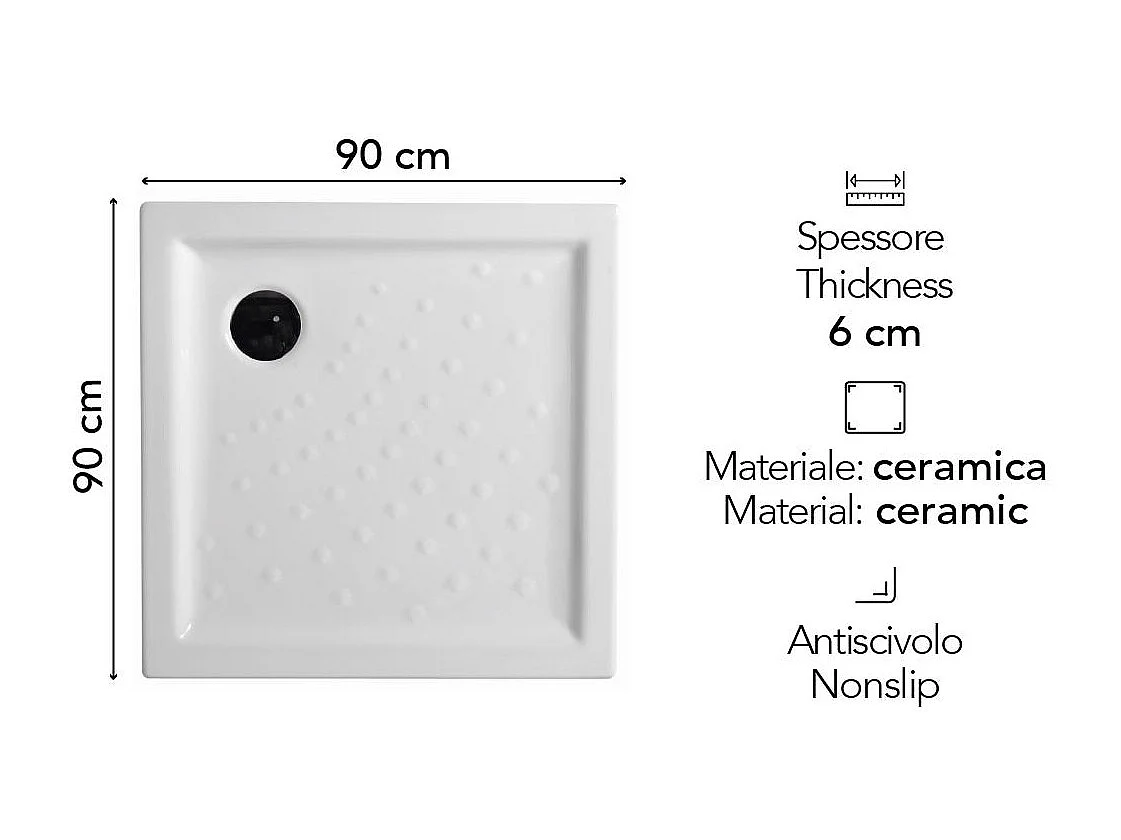 Receveur De Douche En Céramique Antidérapant 90X90 Carré H6 | Malta
