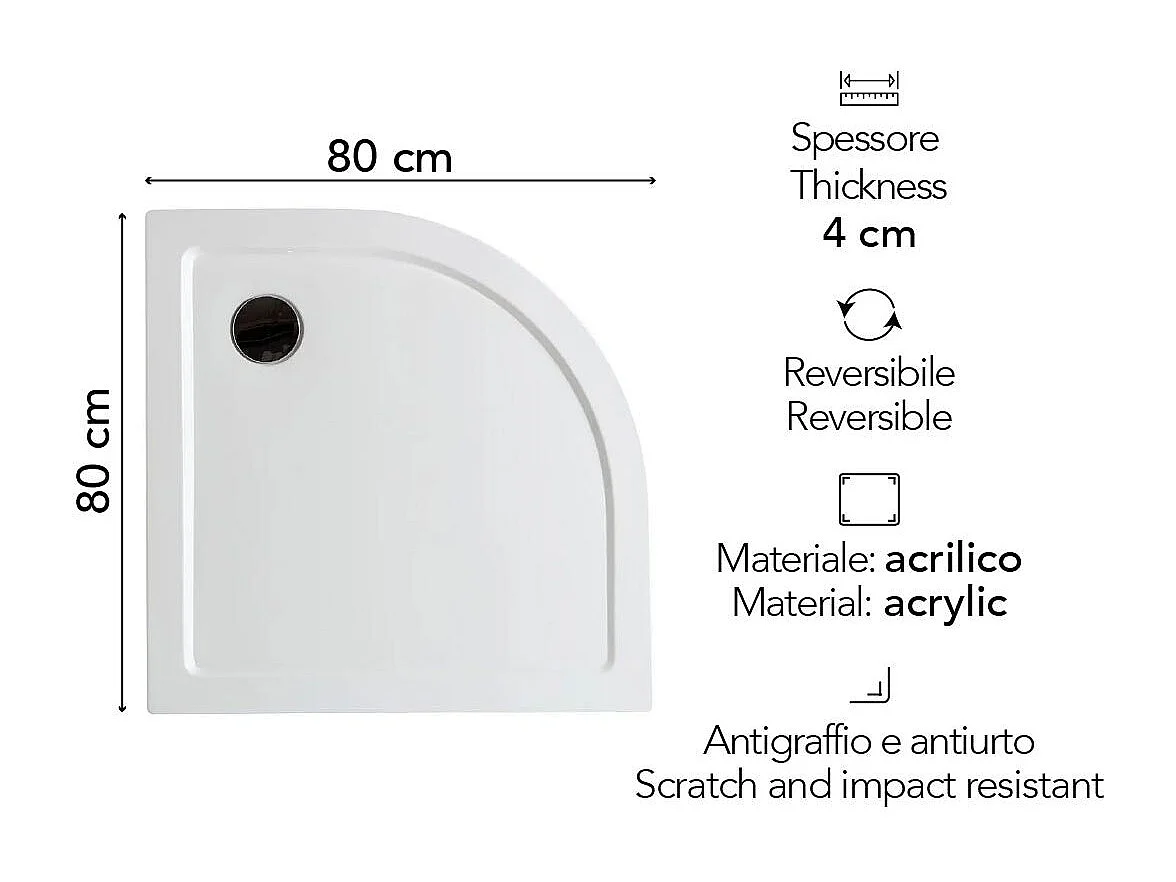 Receveur De Douche Semi-Circulaire De 80 Cm En Acrylique Et Abs Blancs | Alba