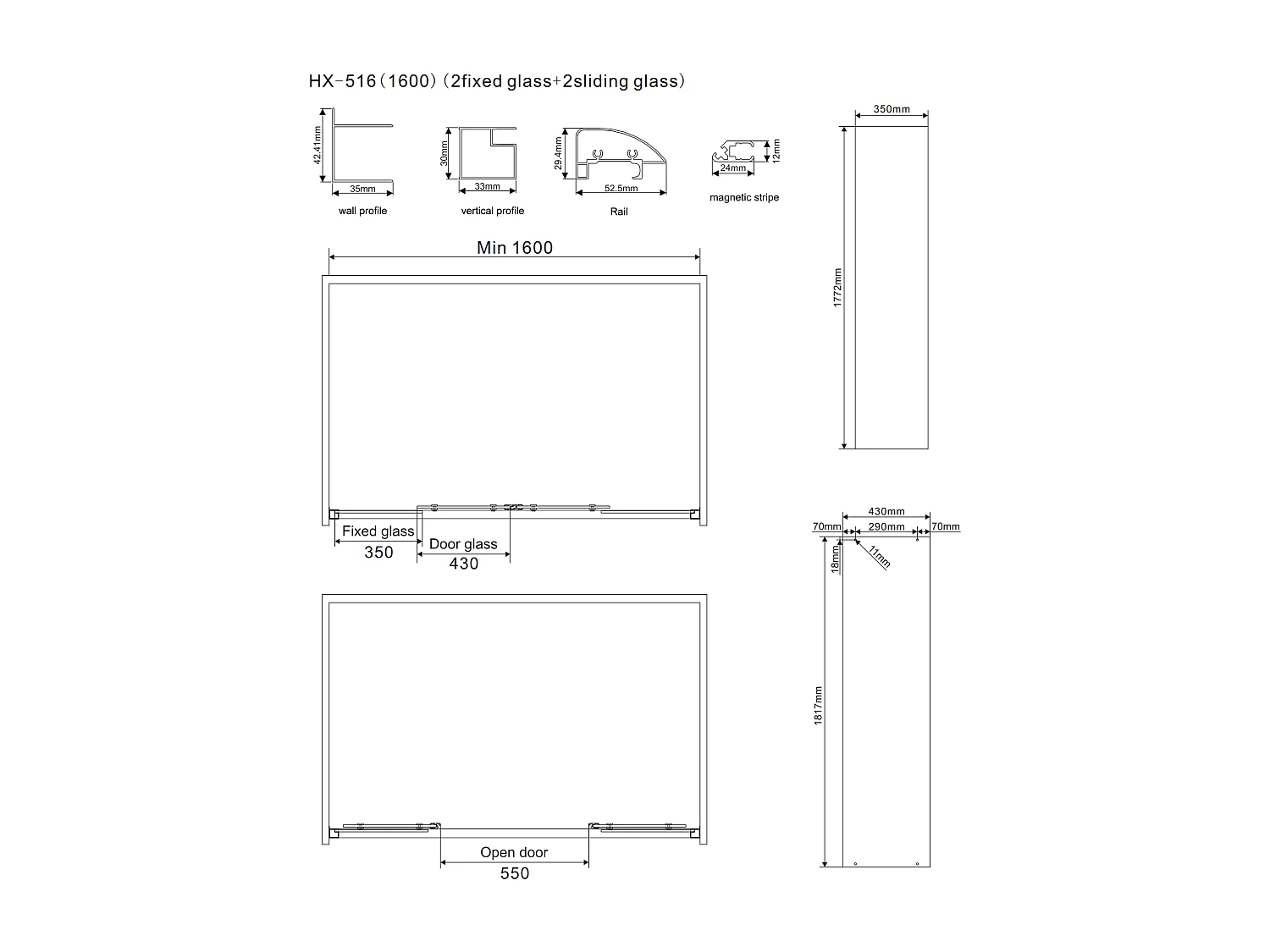 Porte De Douche En Niche 170 Cm Avec Porte Fixe De 80 Cm | Giada