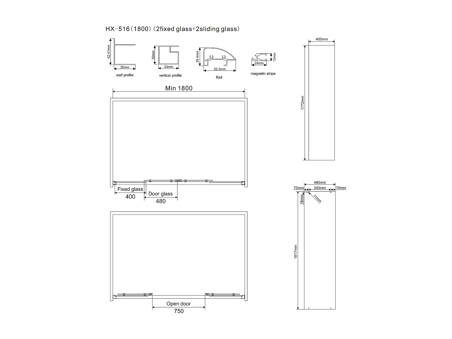 Cabine De Douche 180X80 Cm Avec Côté Fixe | Giada