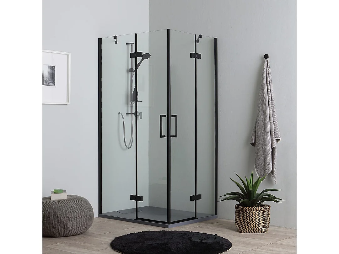 Cabine De Douche 120X80 Noire Porte En Verre À Double Charnières 6Mm | London