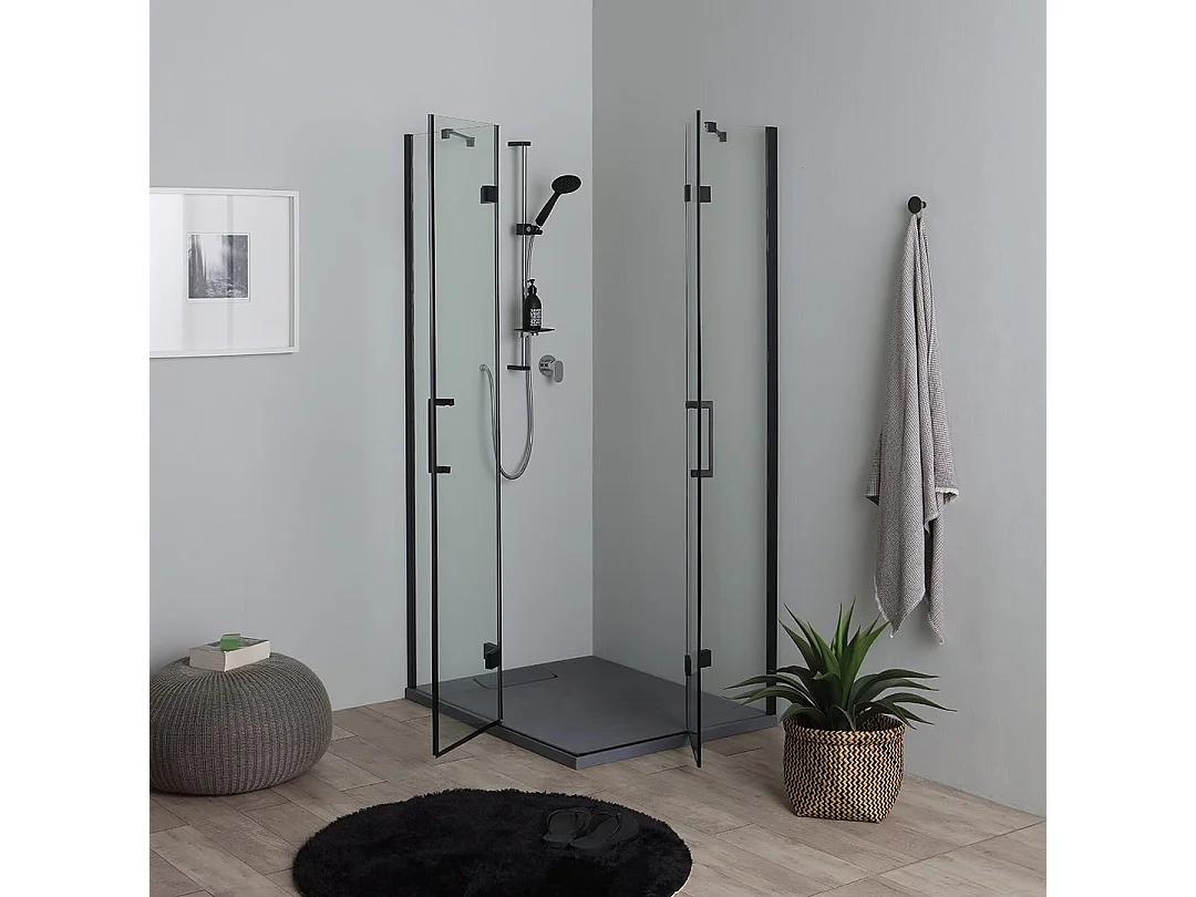 Cabine De Douche 120X80 Noire Porte En Verre À Double Charnières 6Mm | London