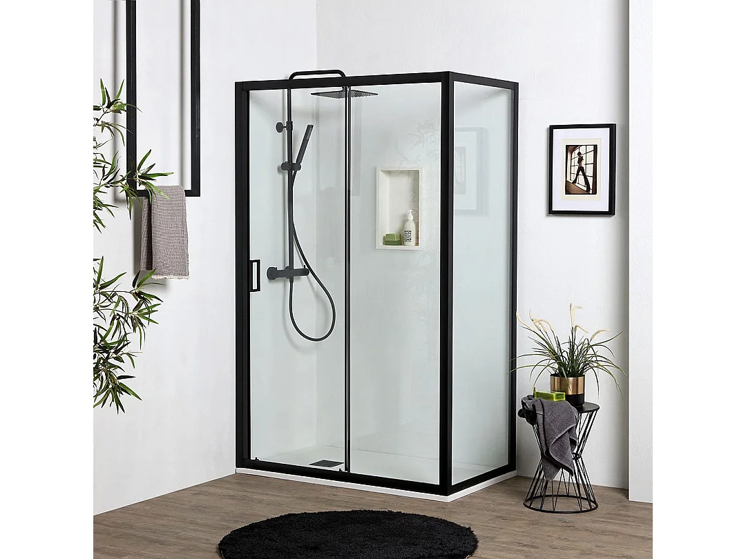 Porte De Douche Niche 120Cm + Paroi Fixe 70Cm Noir Mat | City