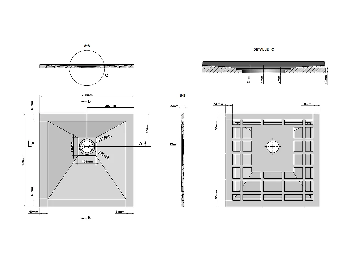Receveur De Douche 70X70 En Résine Gris Anthracite Effet Pierre  | Muse