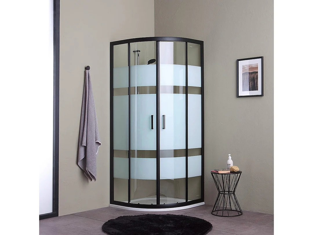 Cabine De Douche Semi-Circulaire 80X80 Verre Sérigraphié Cadre Noir Mat | City