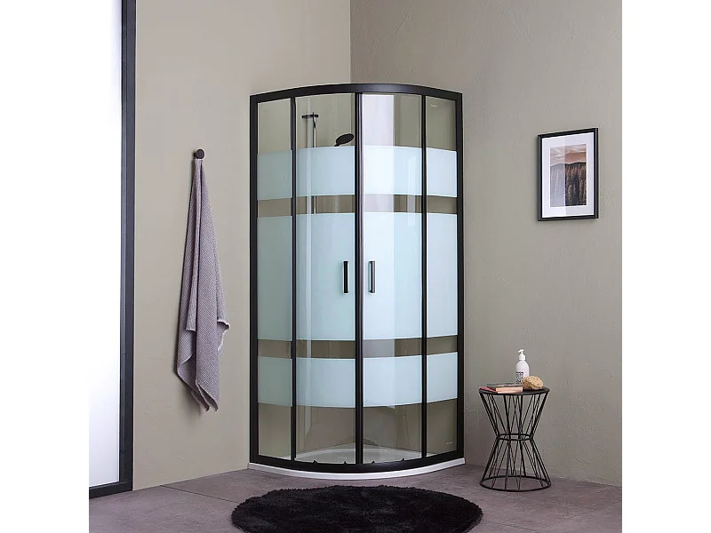 Cabine De Douche Semi-Circulaire 80X80 Verre Sérigraphié Cadre Noir Mat | City