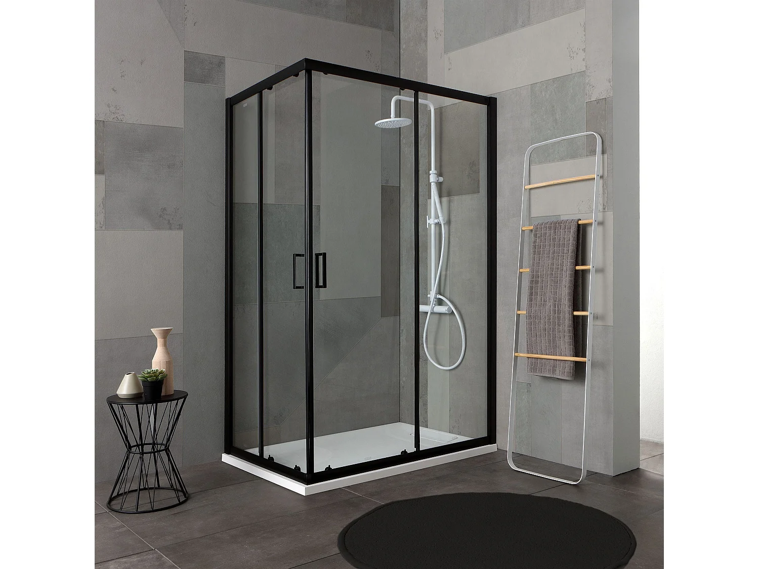 Porte De Douche 70X90 H 190 Profile Noir Opaque Cristal Transparent | City