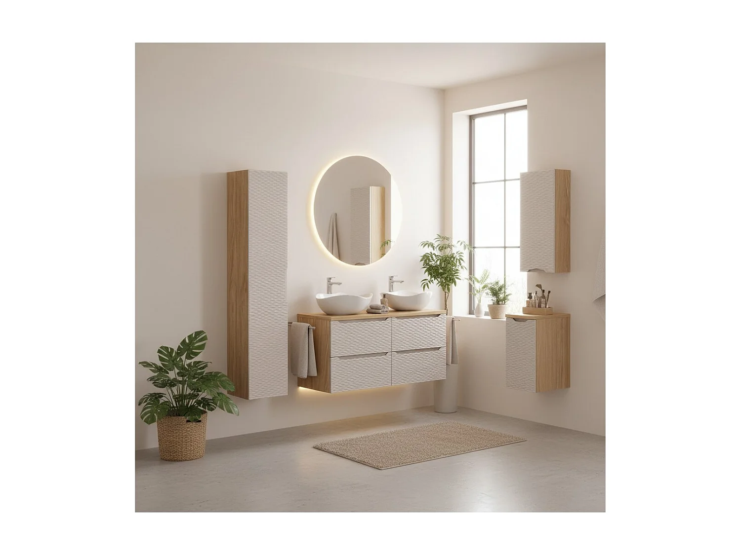 Ensemble de salle de bain YOKA beige : 2 meubles sous vasque 60 cm + 2 vasques + 1 colonne et 2 meubles de rangements