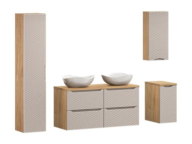 Ensemble de salle de bain YOKA beige : 2 meubles sous vasque 60 cm + 2 vasques + 1 colonne et 2 meubles de rangements