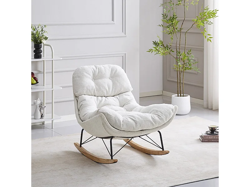 Fauteuil à bascule en tissu doux écru pieds bois et métal - MIGUELITO