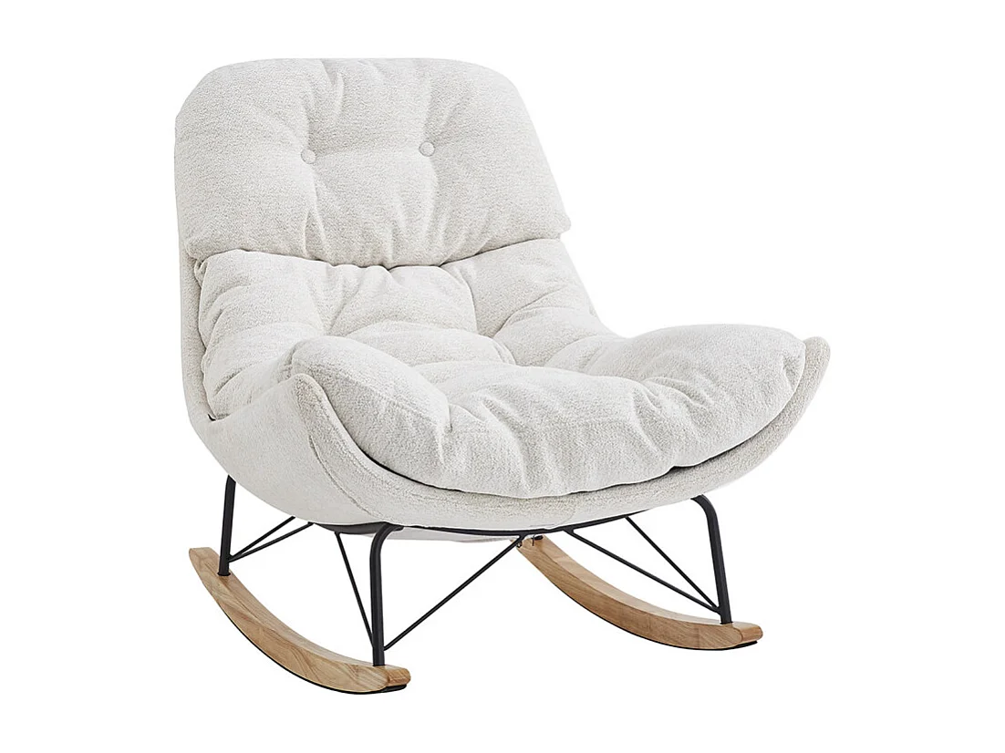 Fauteuil à bascule en tissu doux écru pieds bois et métal - MIGUELITO