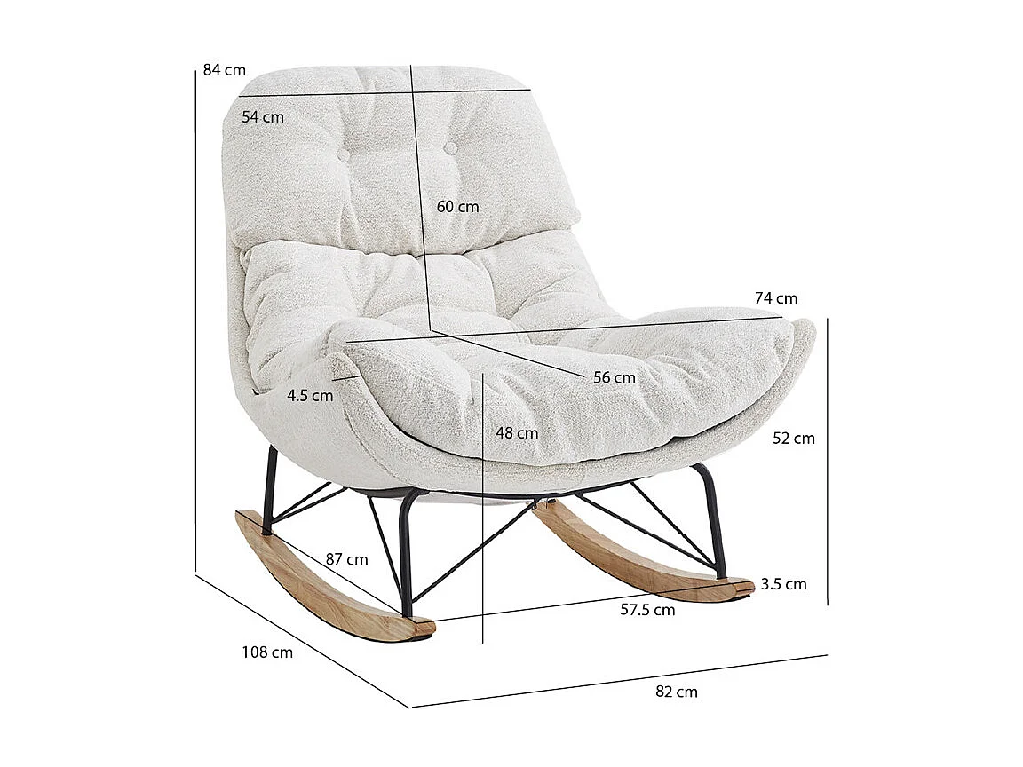 Fauteuil à bascule en tissu doux écru pieds bois et métal - MIGUELITO