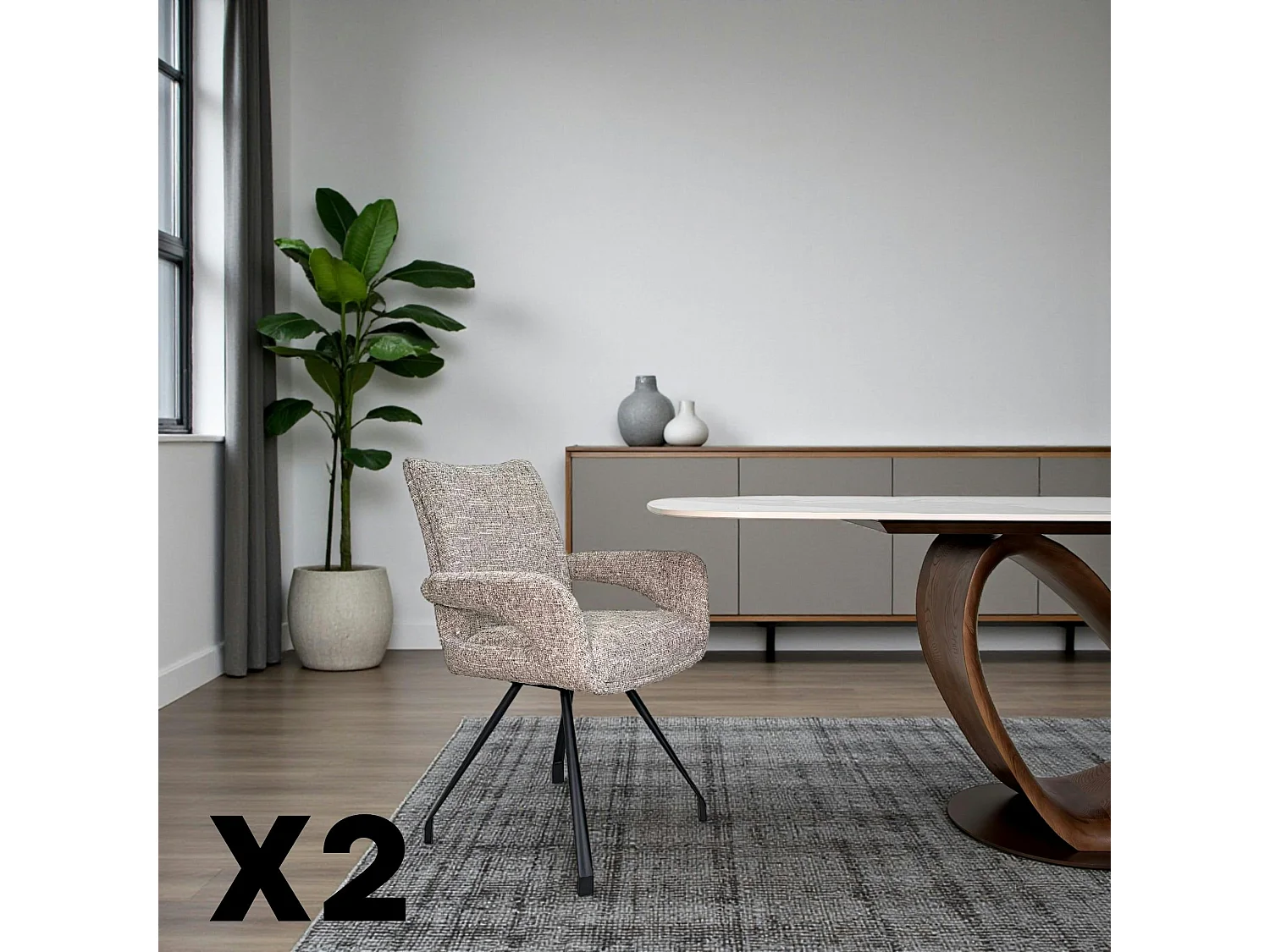 Chaise tissu taupe chiné accoudoirs larges (lot de 2) LIGURIE