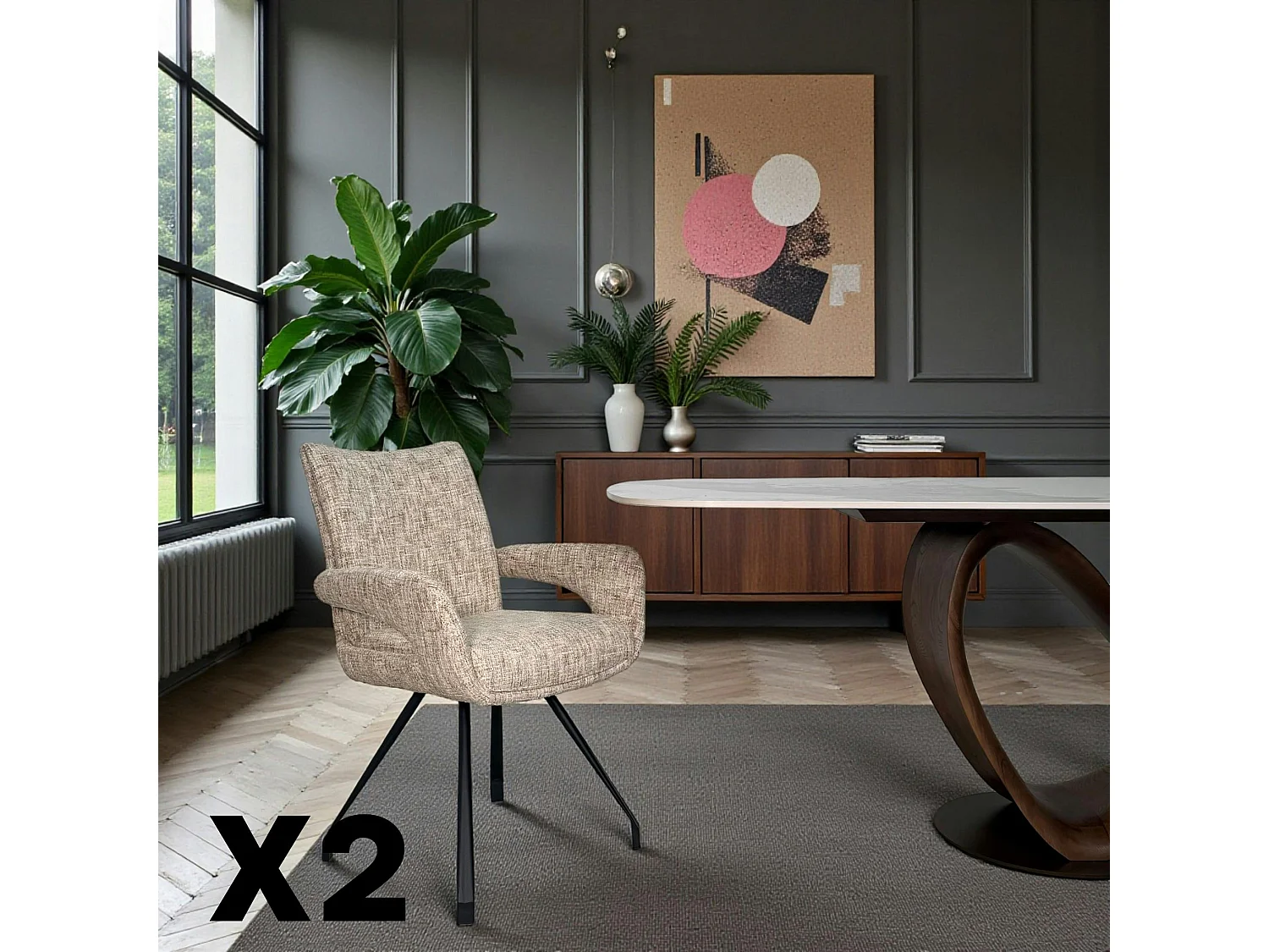 Chaises tissu beige chiné accoudoirs larges (lot de 2) LIGURIE