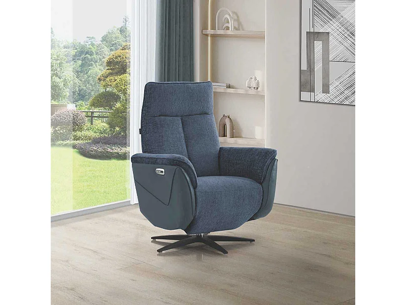 Fauteuil relax électrique pivotant bi-matière tissu chenillé et PVC bleu - CELESTE