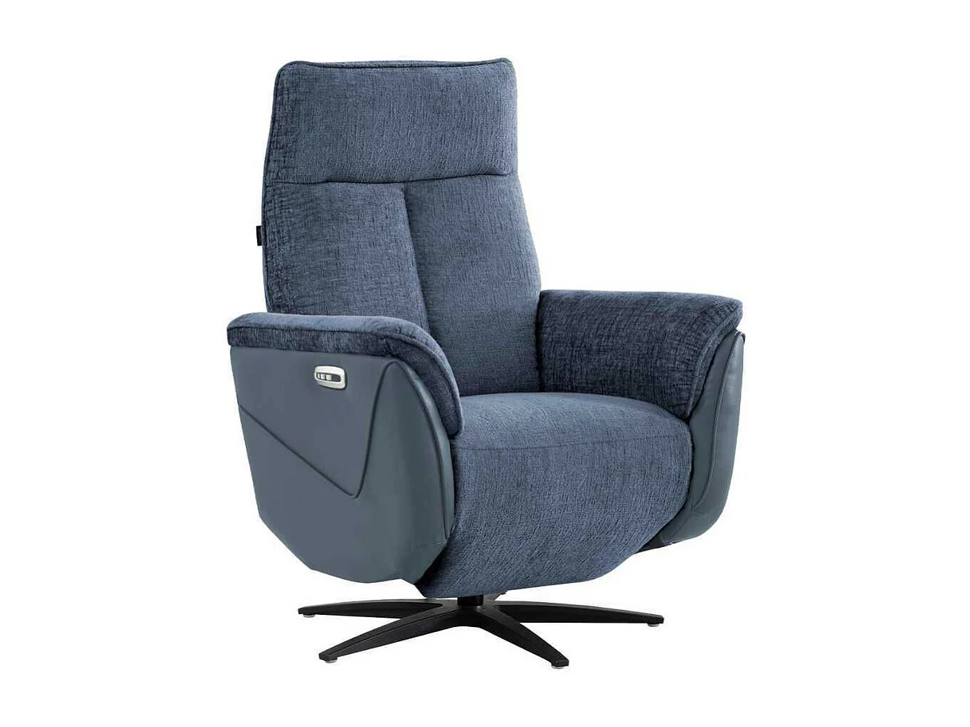 Fauteuil relax électrique pivotant bi-matière tissu chenillé et PVC bleu - CELESTE
